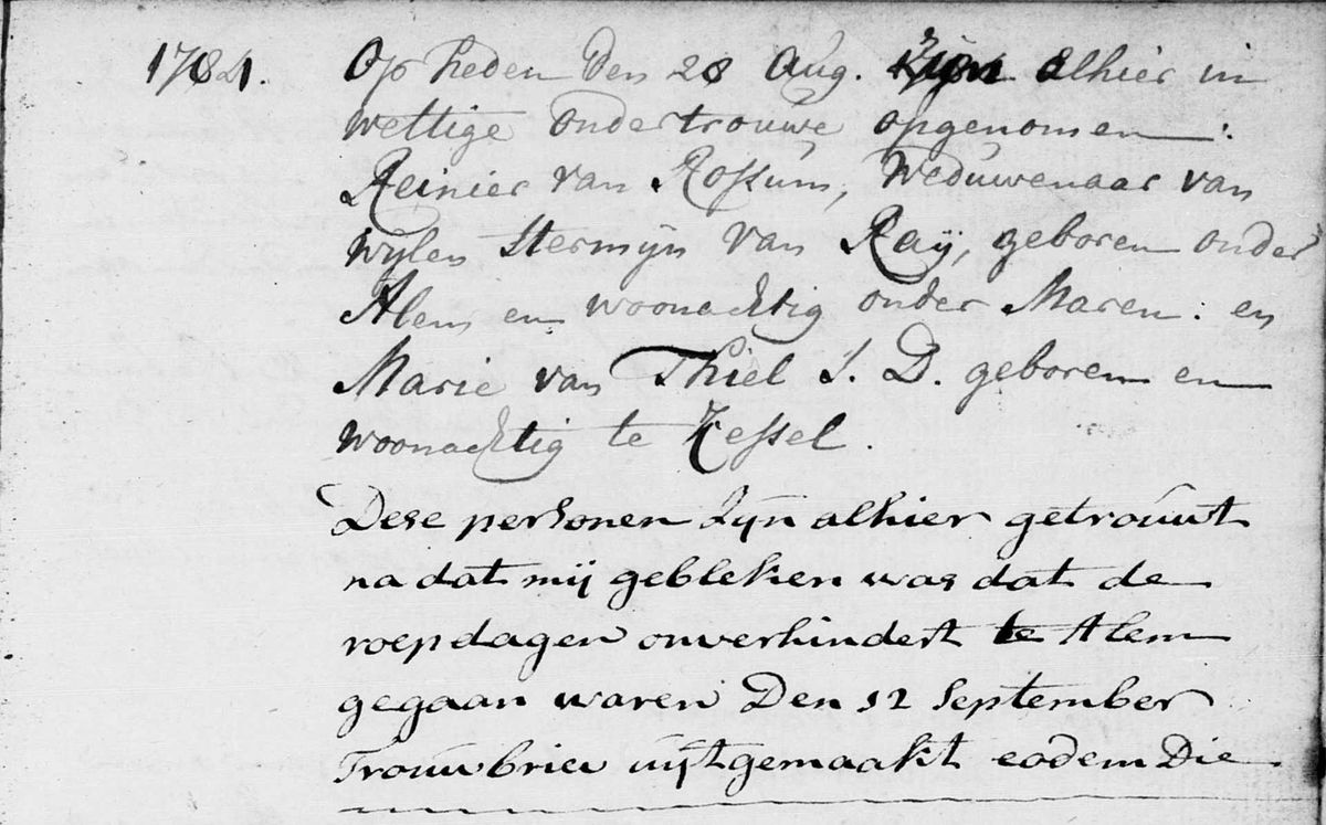 Afbeelding 16. Ondertrouw Reinier van Rossum en Maria van Thiel ‘voor de wet’, 1784