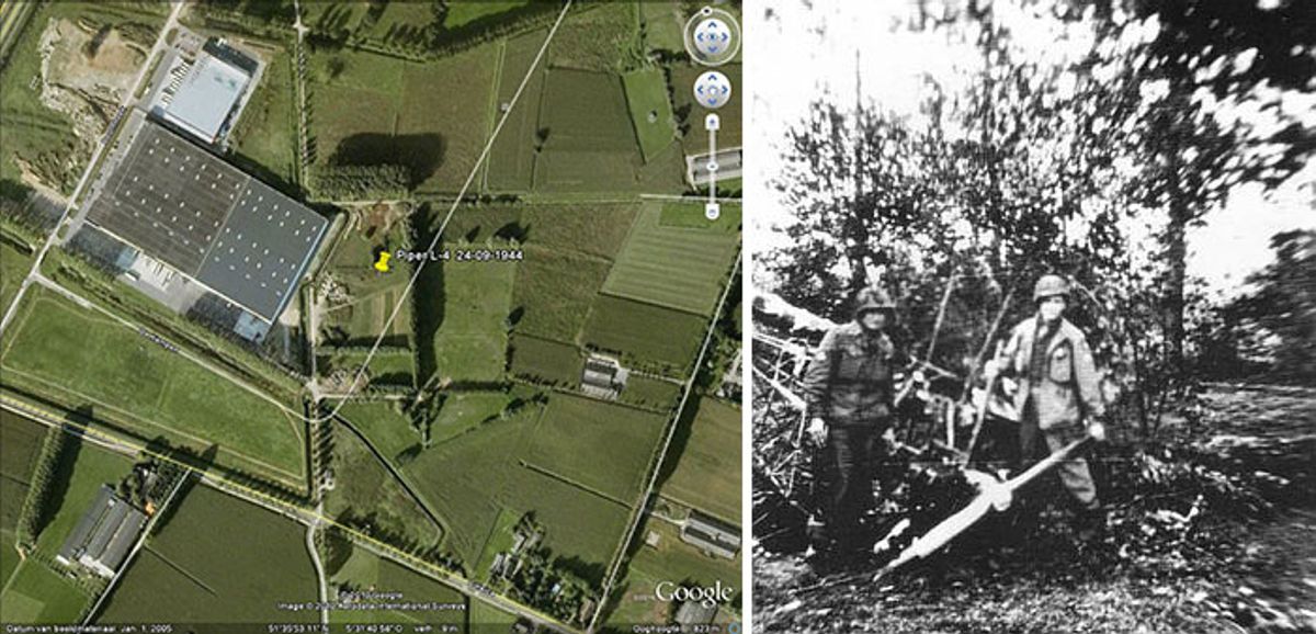 Links de crashsite, rechts het wrak van de Piper L-4 van 1st Lt. John M. Sherry