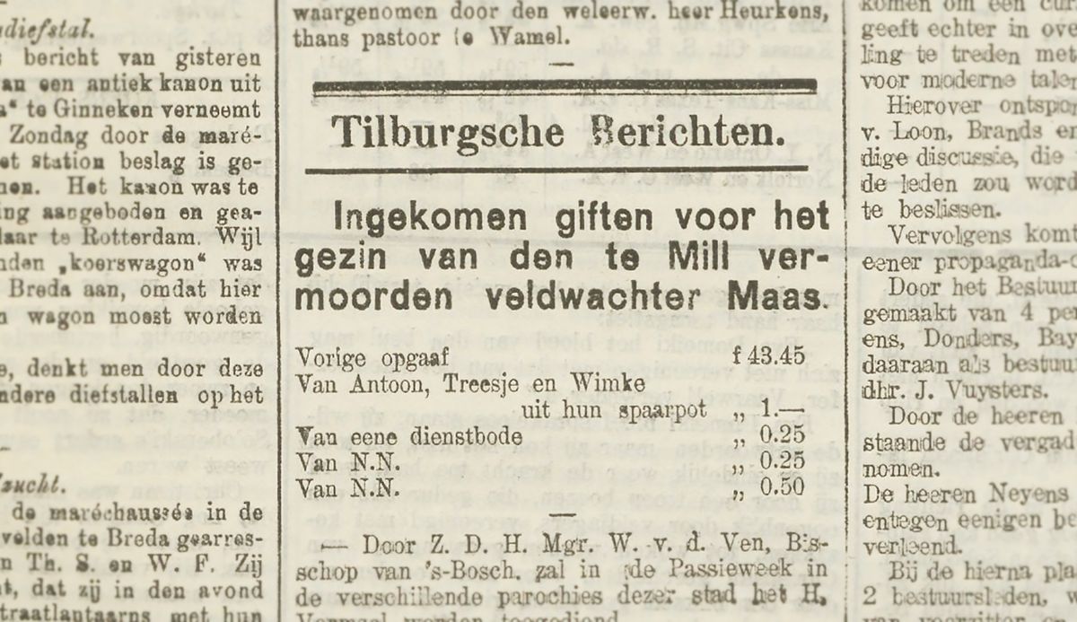 Artikel uit de Nieuwe Tilburgsche Courant van februari 1907. Voor het gezin van de vermoorde veldwachter werd geld ingezameld.