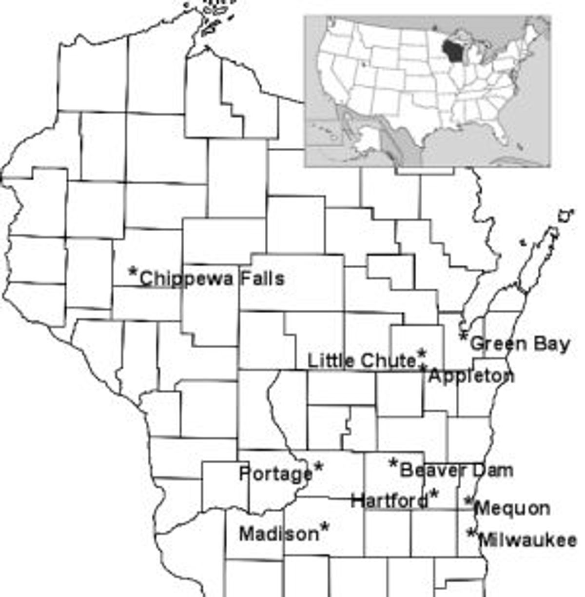 Wisconsin met de plaatsen uit dit verhaal
