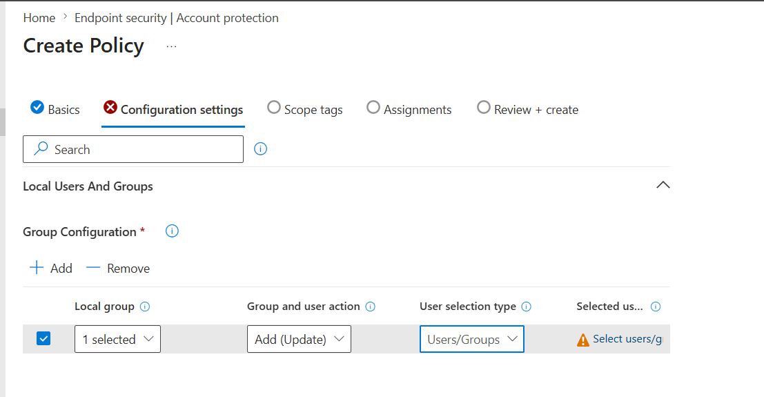 Intune local group membership configuration showing Administrators group membership settings