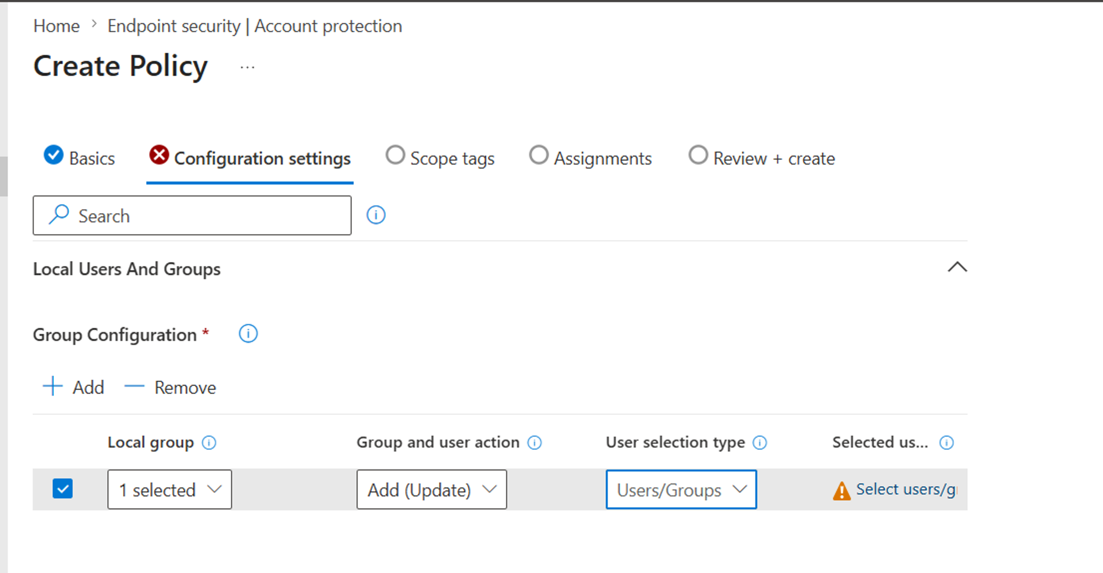 Intune local group membership configuration showing Administrators group membership settings