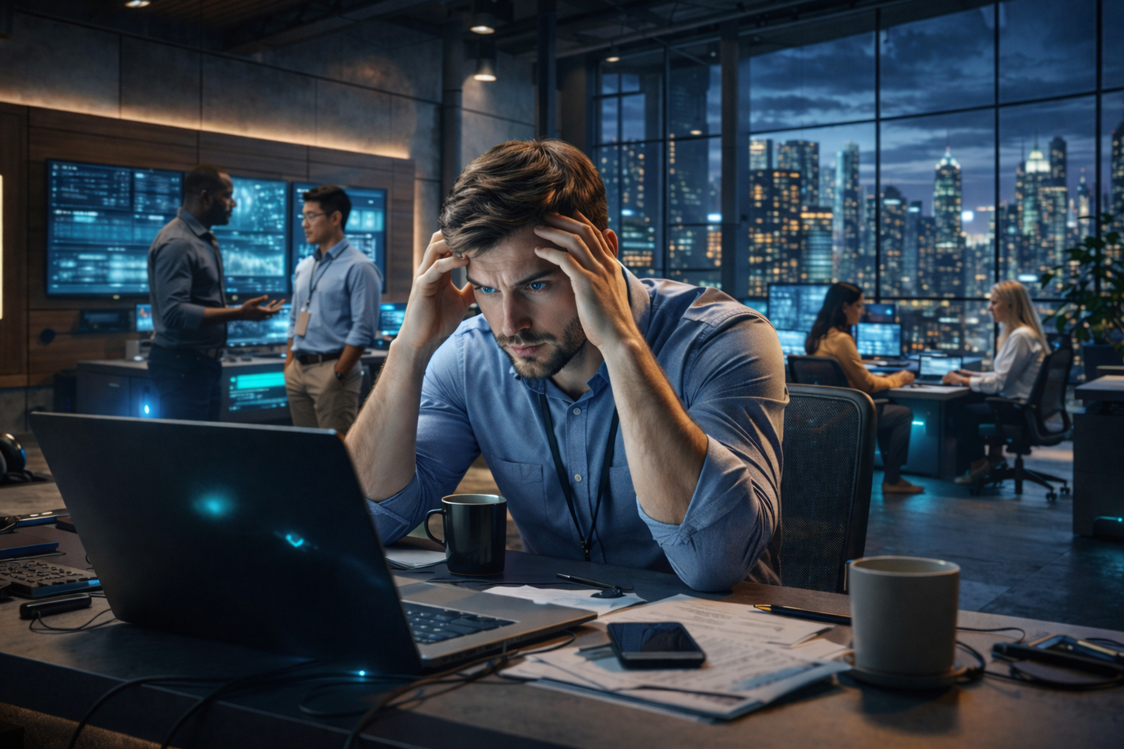 IT administrator struggling with operational visibility across multiple endpoints, illustrating the need for operational intelligence in IT.