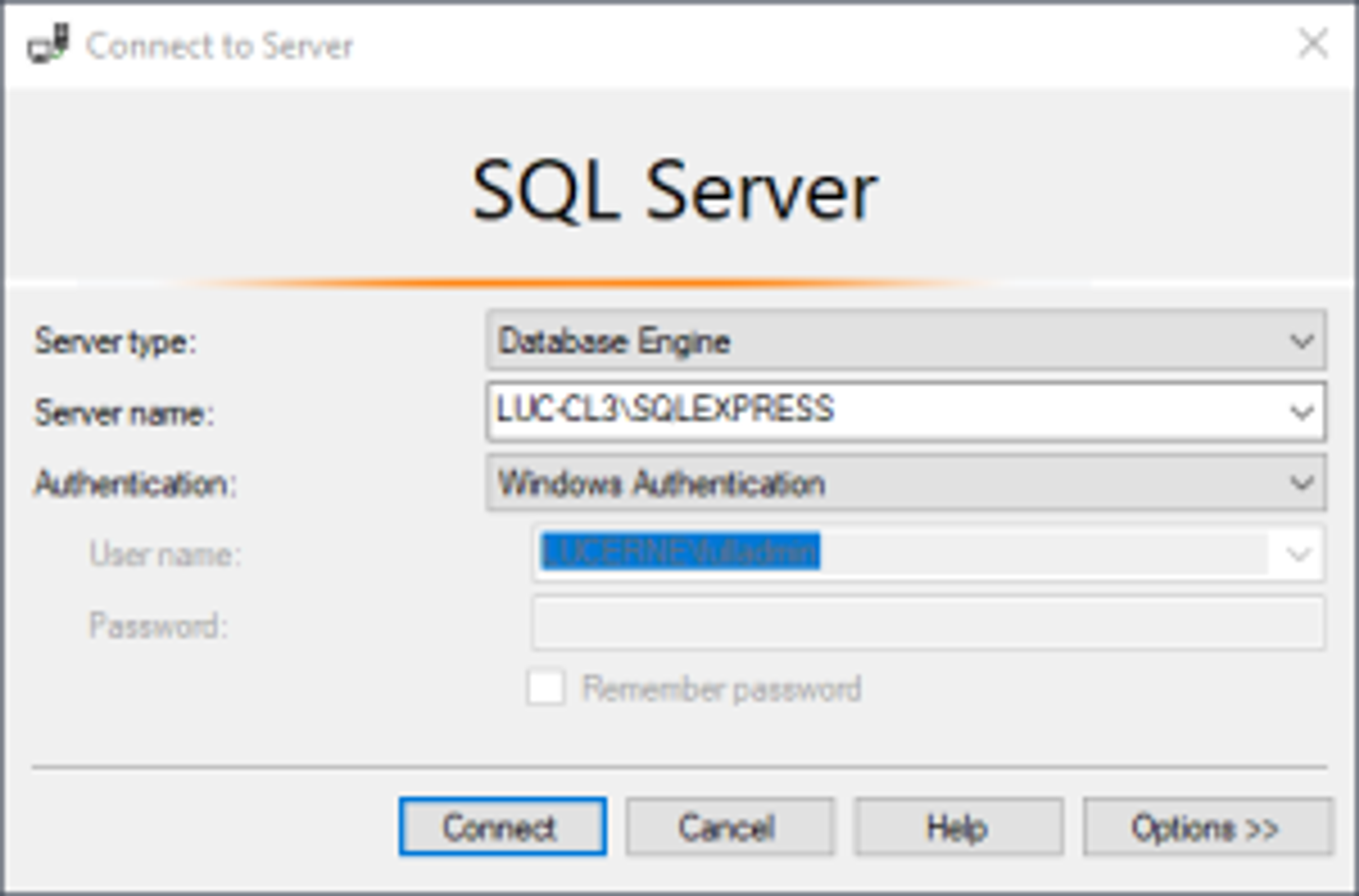 SQL Server Express Login Screen