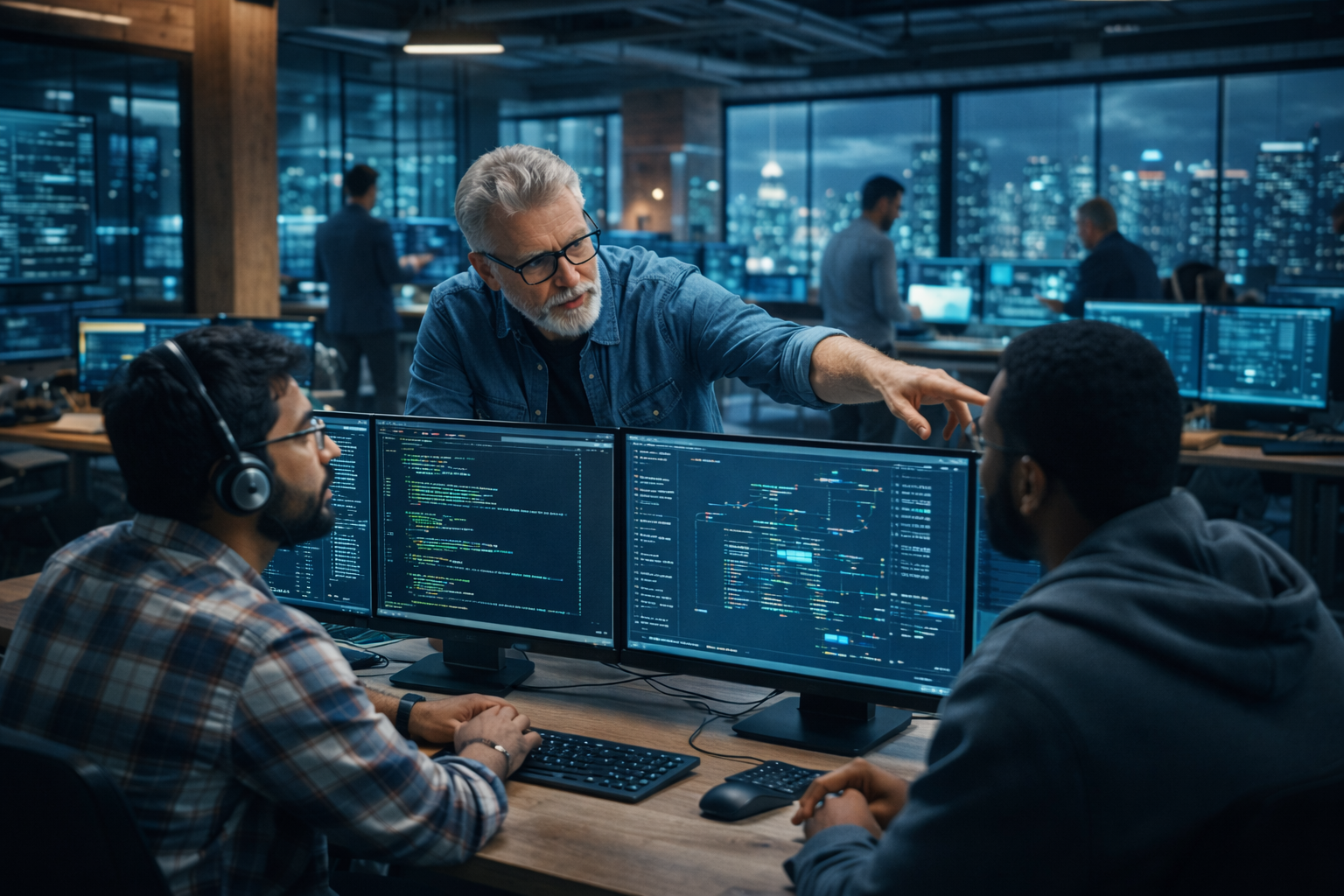 Senior engineer guiding team members reviewing system monitoring dashboards in an IT operations environment, illustrating knowledge sharing and reducing tribal knowledge in engineering teams