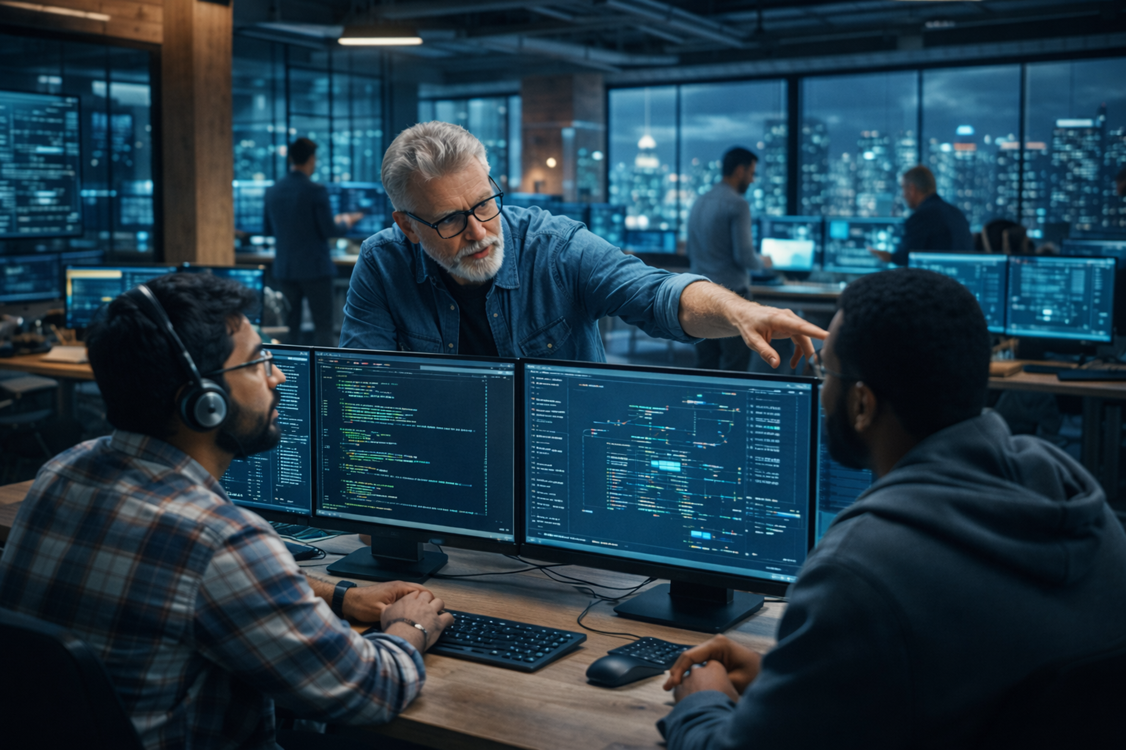 Senior engineer guiding team members reviewing system monitoring dashboards in an IT operations environment, illustrating knowledge sharing and reducing tribal knowledge in engineering teams