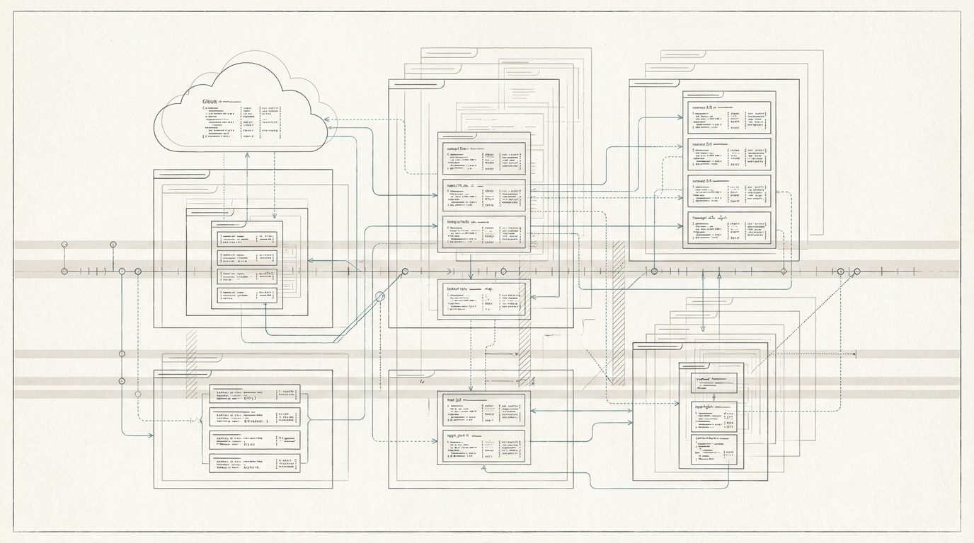 Blueprint schematic showing configuration changes, dependency arrows, and system transparency across IT services