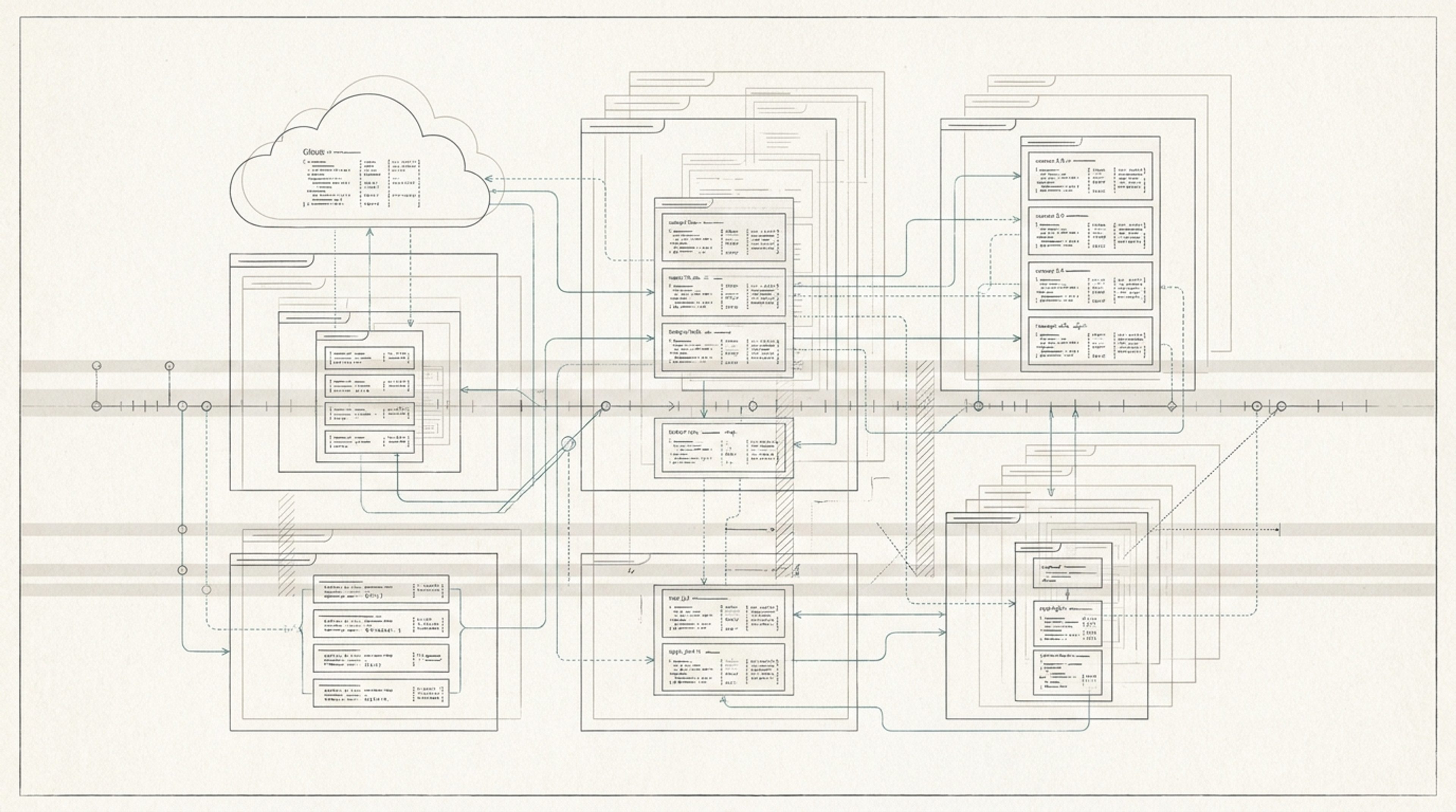 Blueprint schematic showing configuration changes, dependency arrows, and system transparency across IT services