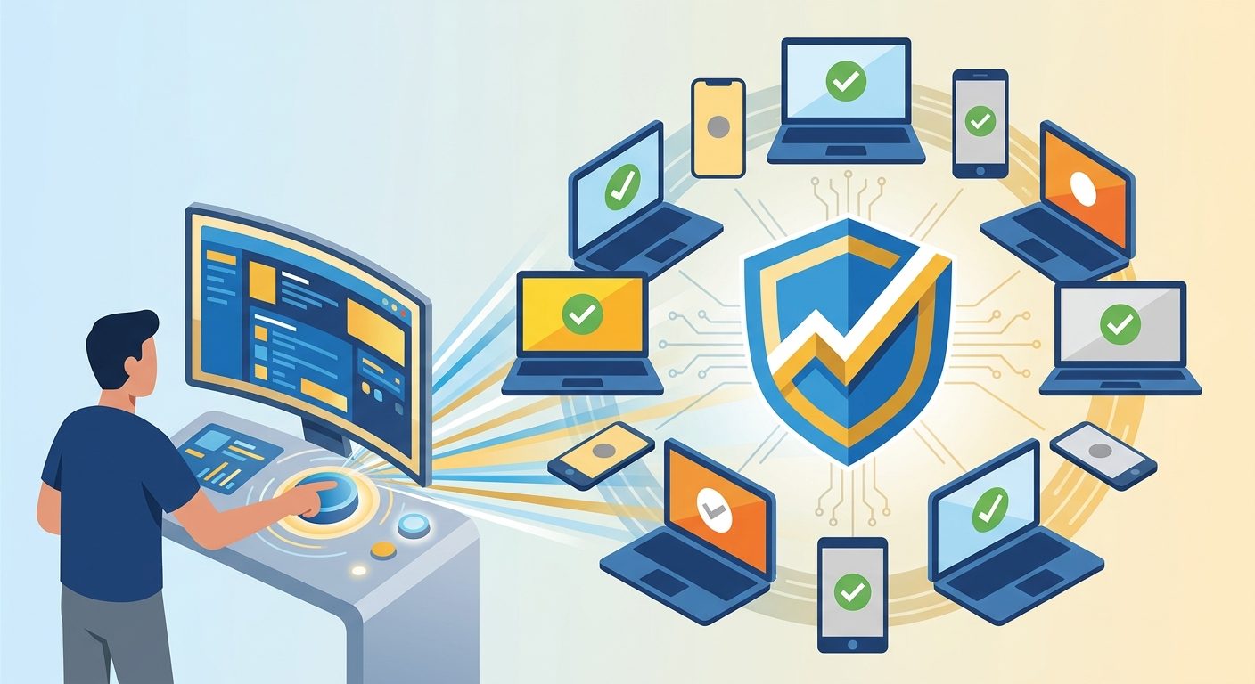 Managed Windows devices and compliance controls shown in a bold illustration about enforcing Intune compliance