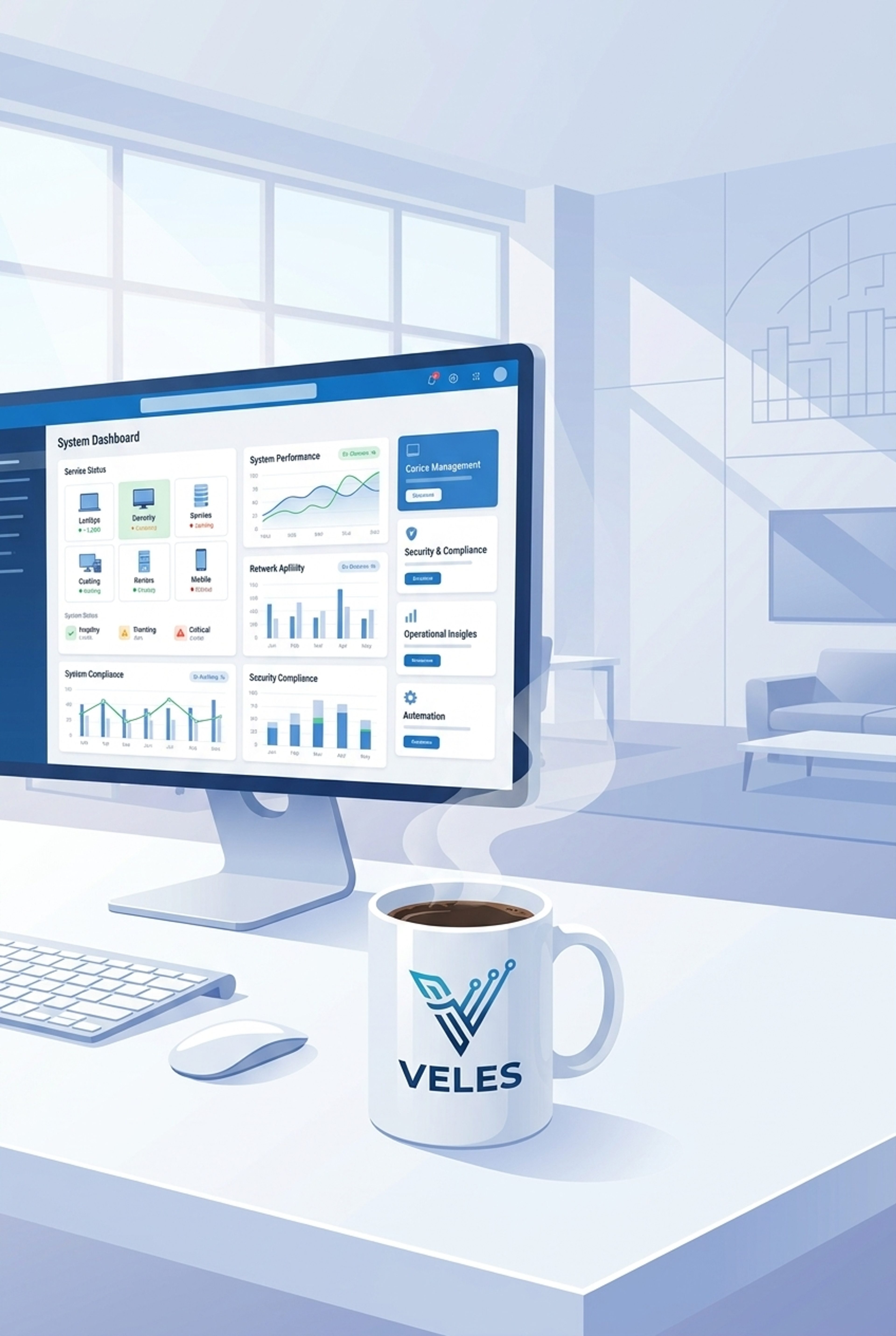 Steaming Veles Software mug in front of an MPA Tools monitor
