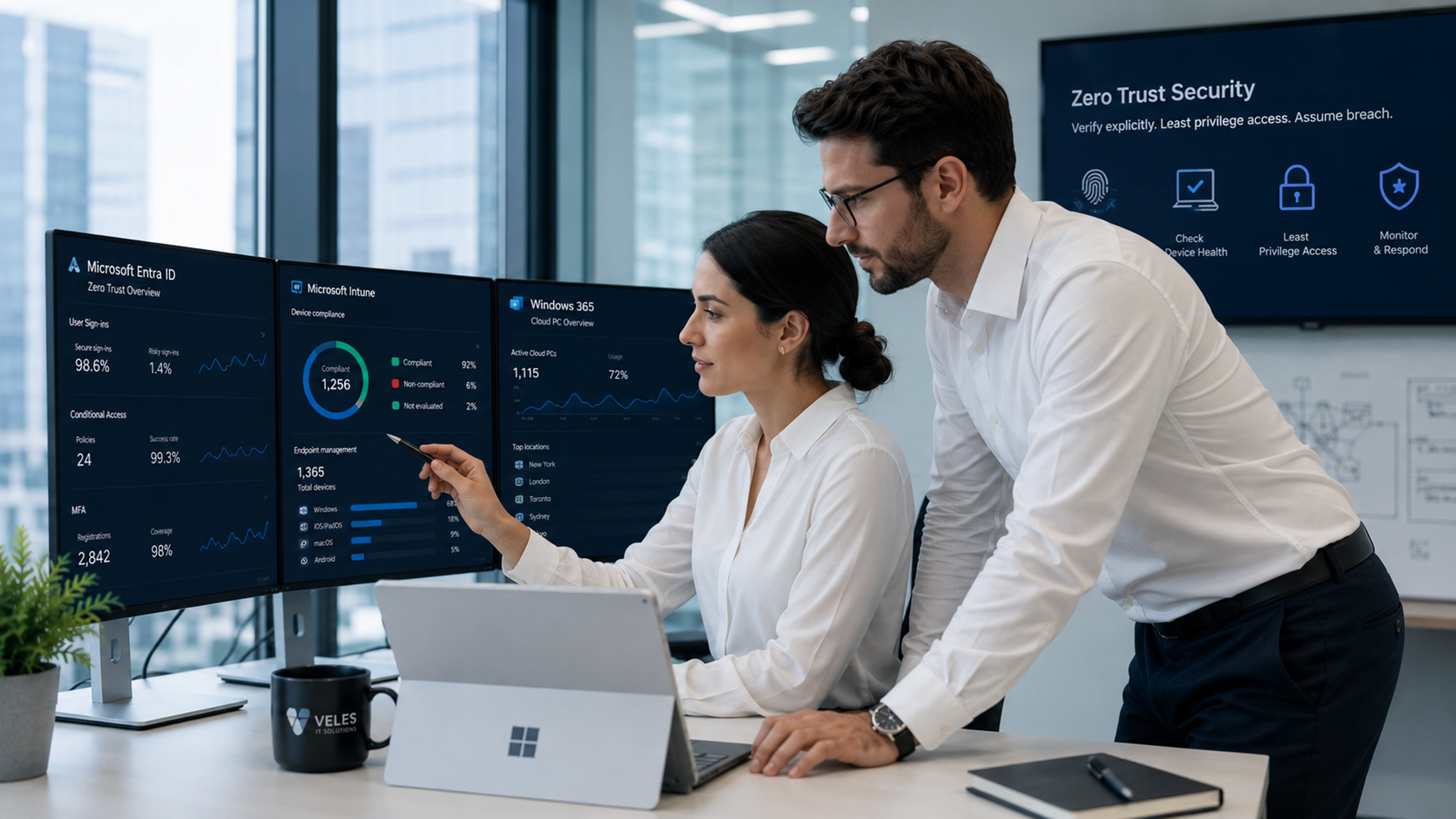 Zero Trust identity security operating view connecting identity, endpoint trust, application access, and governance evidence