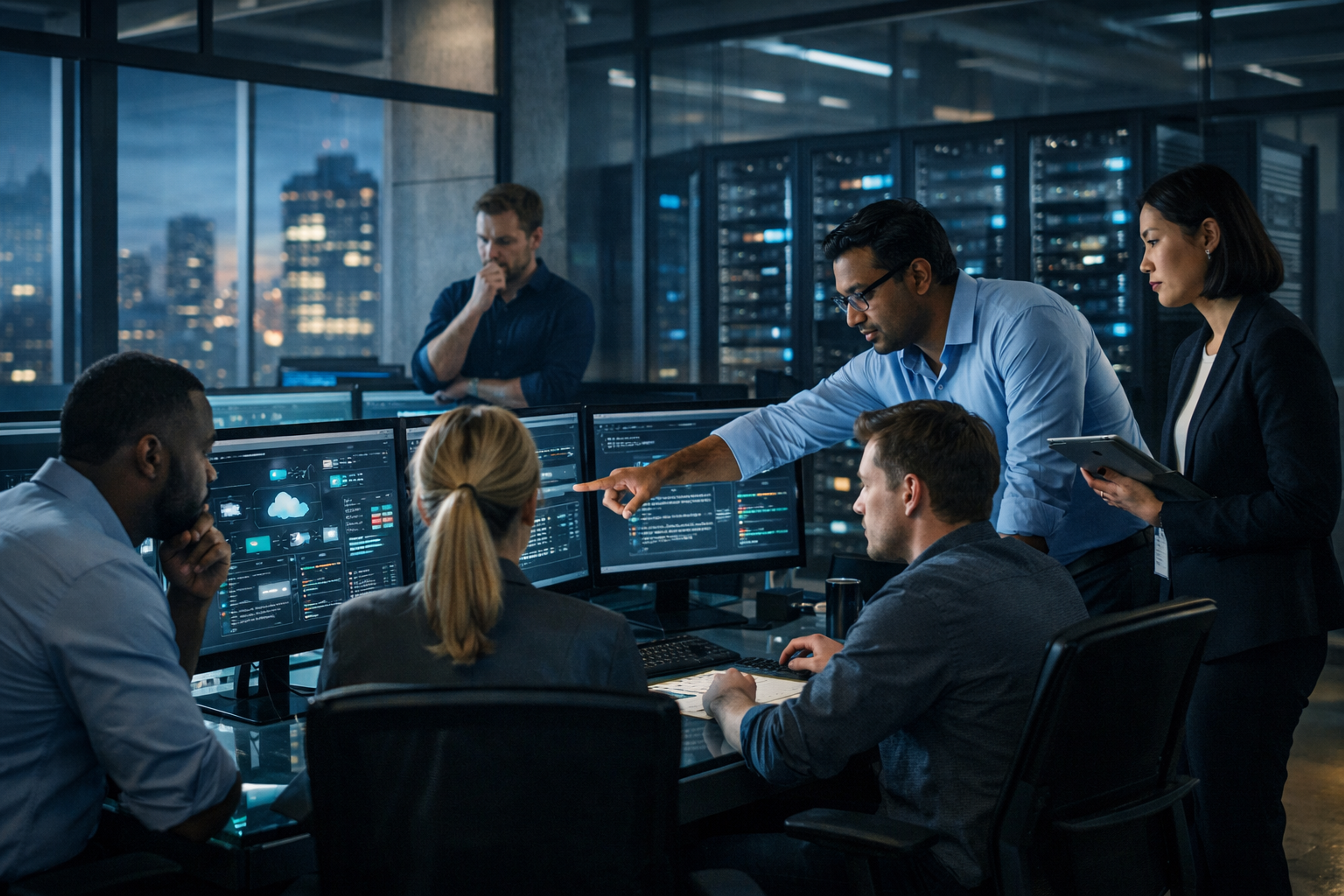IT team performing root cause analysis across interconnected enterprise systems with multiple alerts and service dependencies