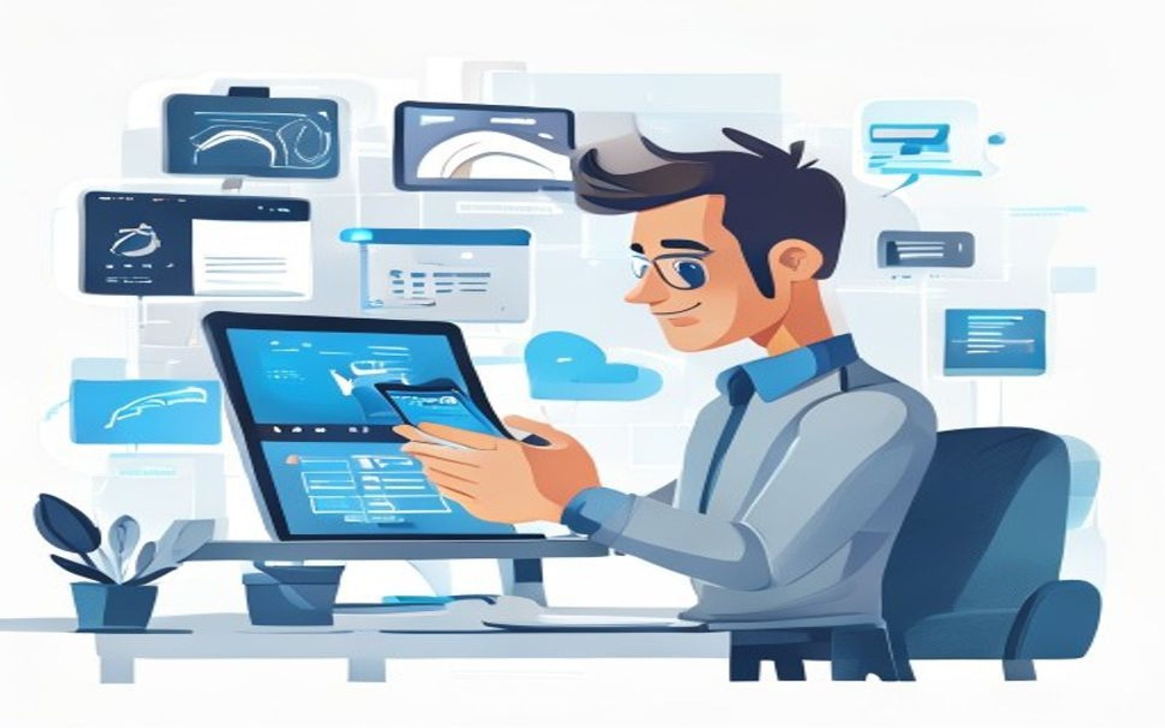 Professional cartoon-style IT professional looking at a cell phone while managing endpoint devices