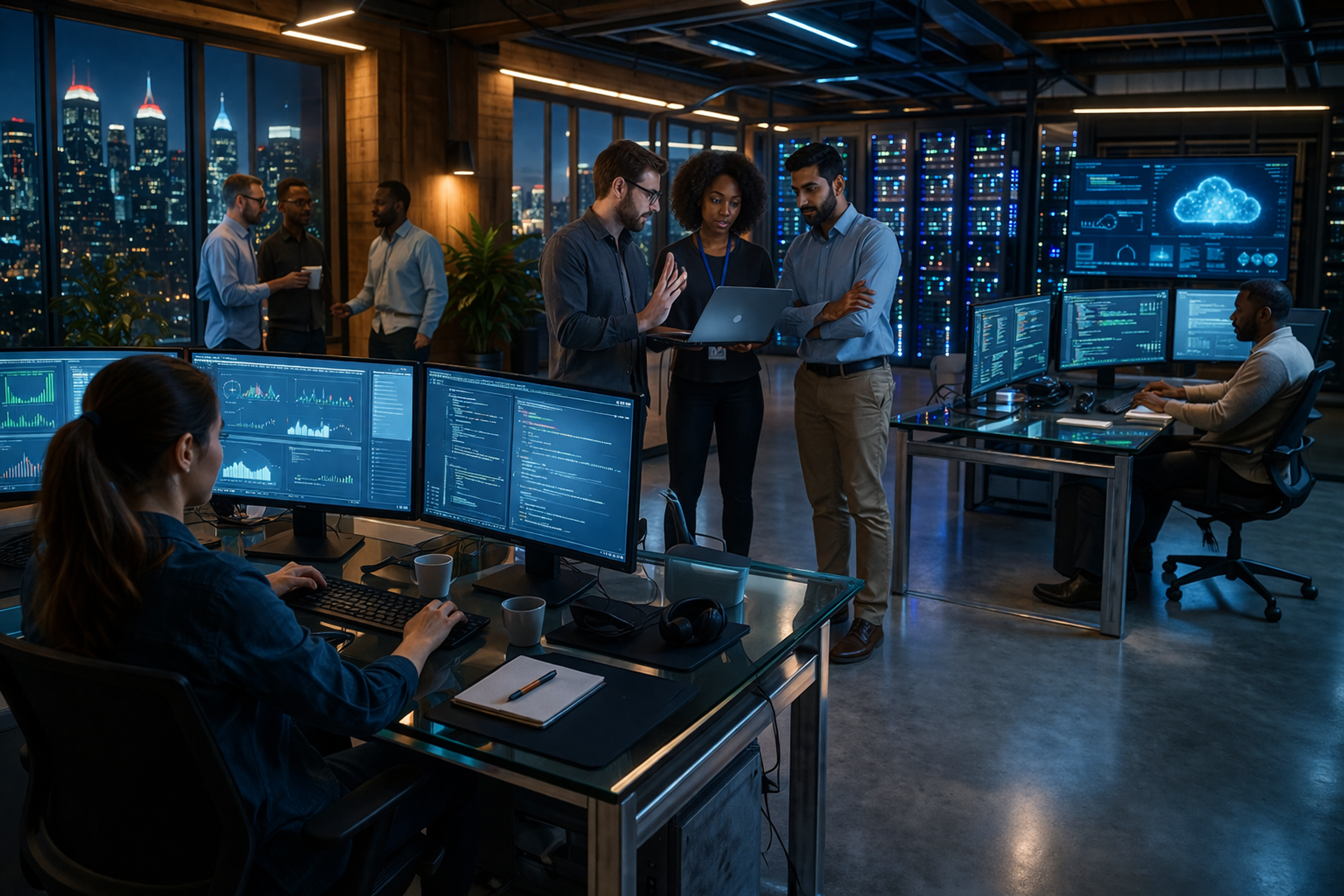 Enterprise IT team analyzing Microsoft environment telemetry and operational signals across multiple systems