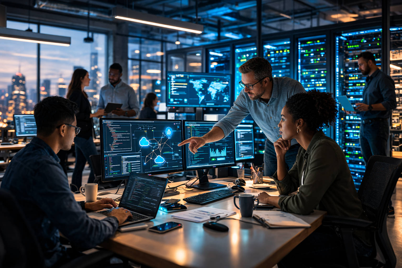 Configuration drift detection investigation showing IT team analyzing system outage and identifying what changed across services