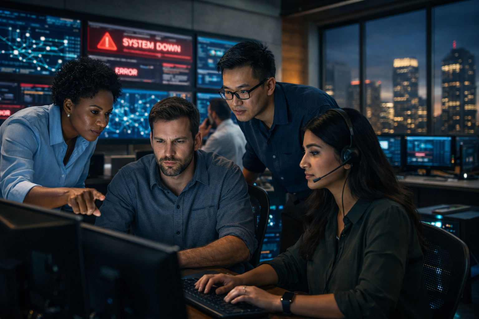 IT operations team investigating a system alert across multiple monitoring dashboards during an IT incident investigation