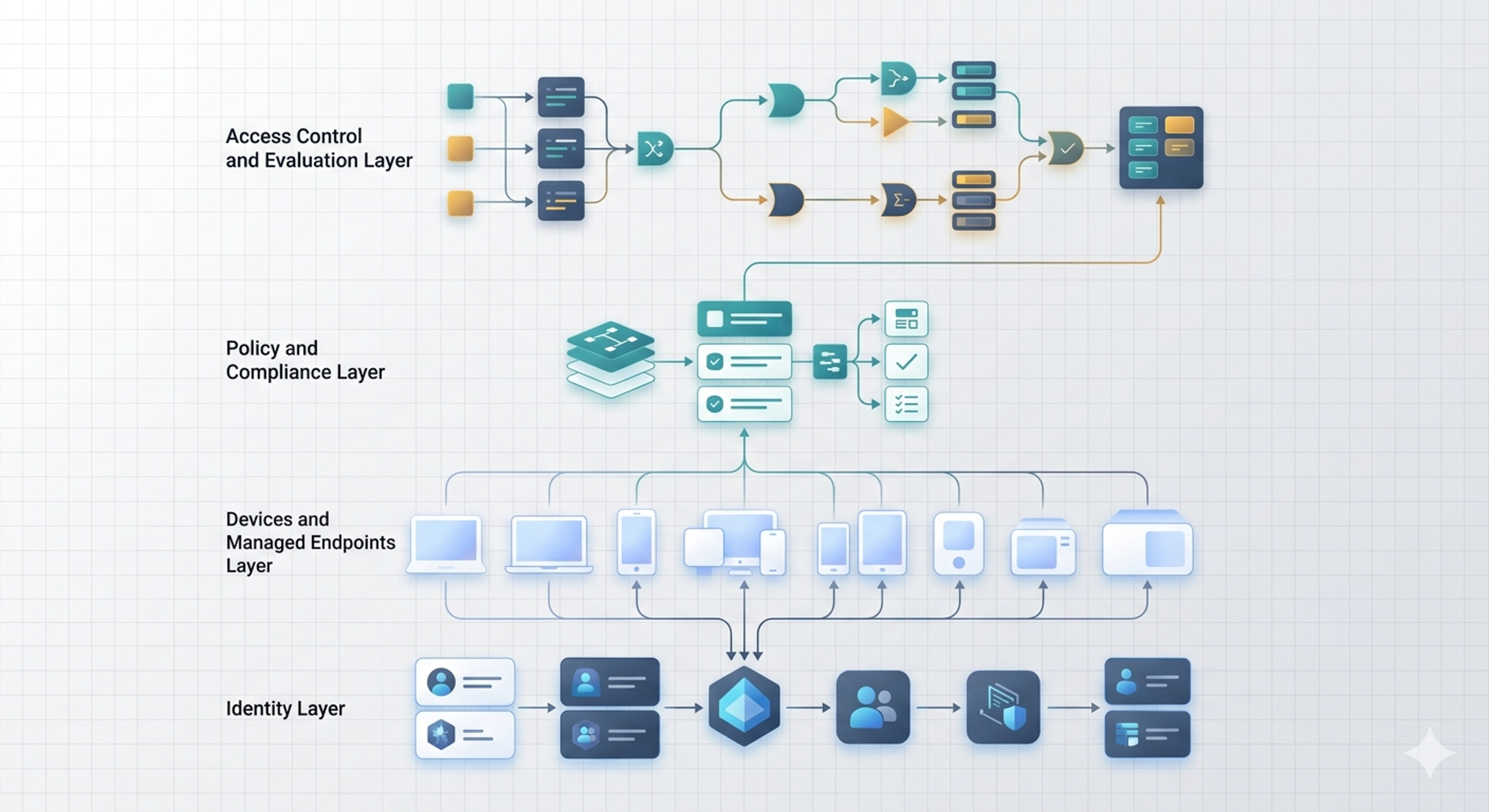 Cybersecurity control diagram connecting identity, endpoint trust, governance, and response operations