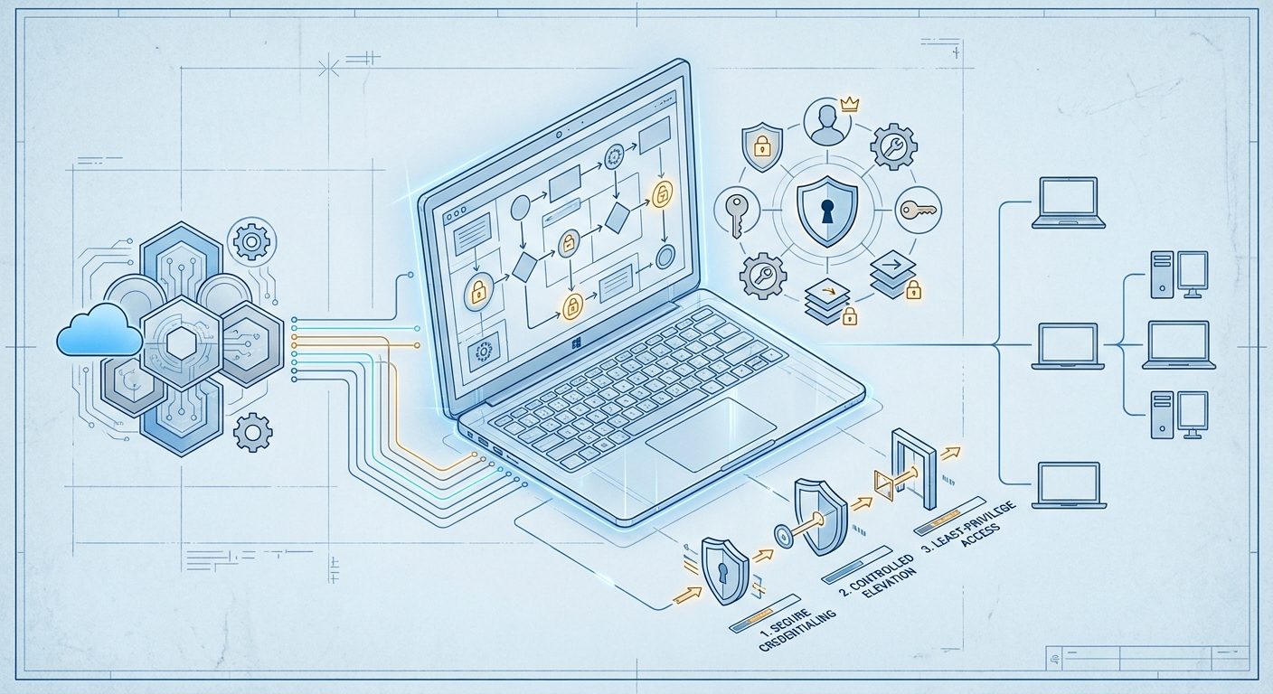 Technical schematic illustrating secure local administrator account deployment through Intune-managed Windows devices