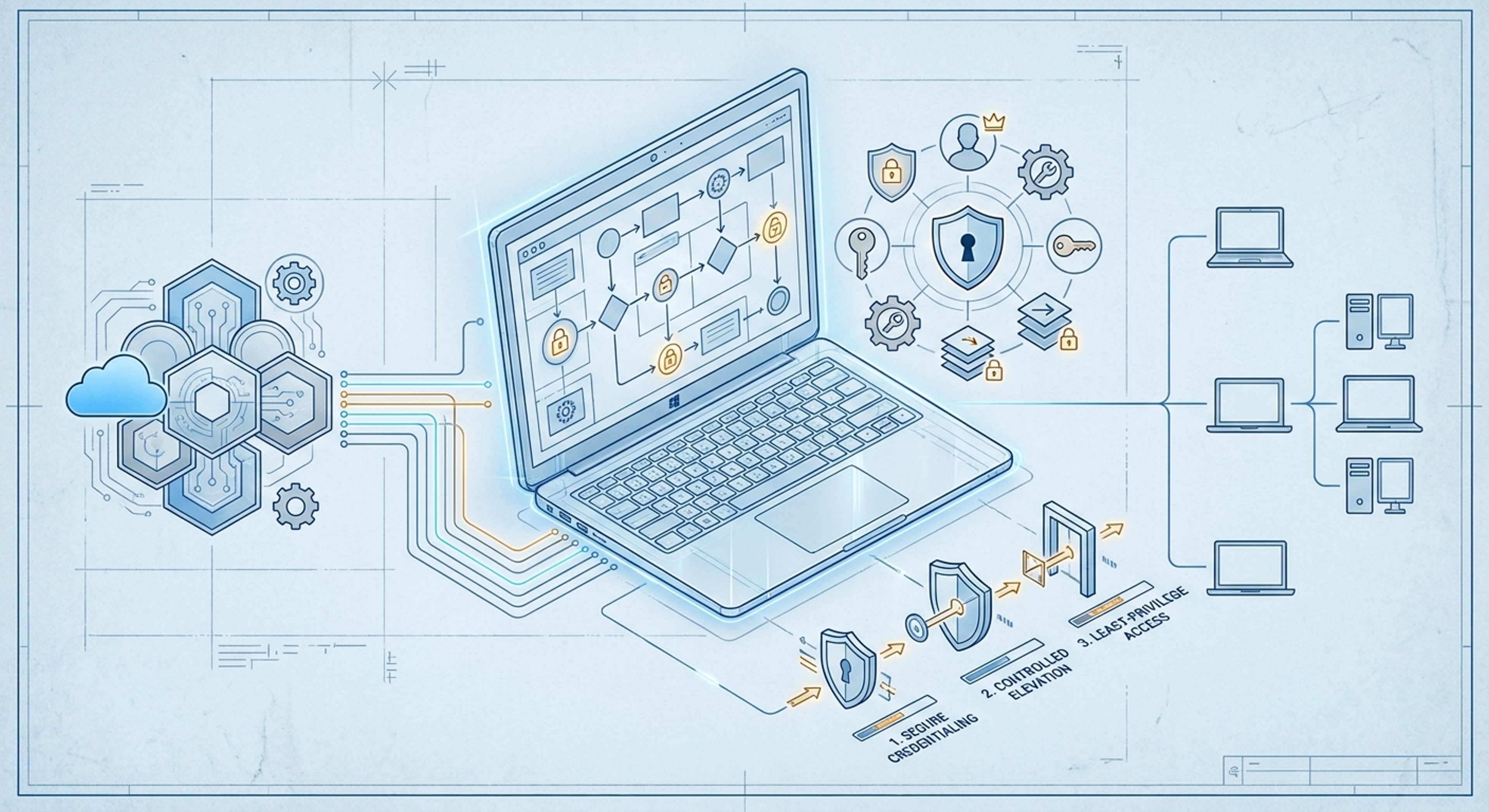 Technical schematic illustrating secure local administrator account deployment through Intune-managed Windows devices