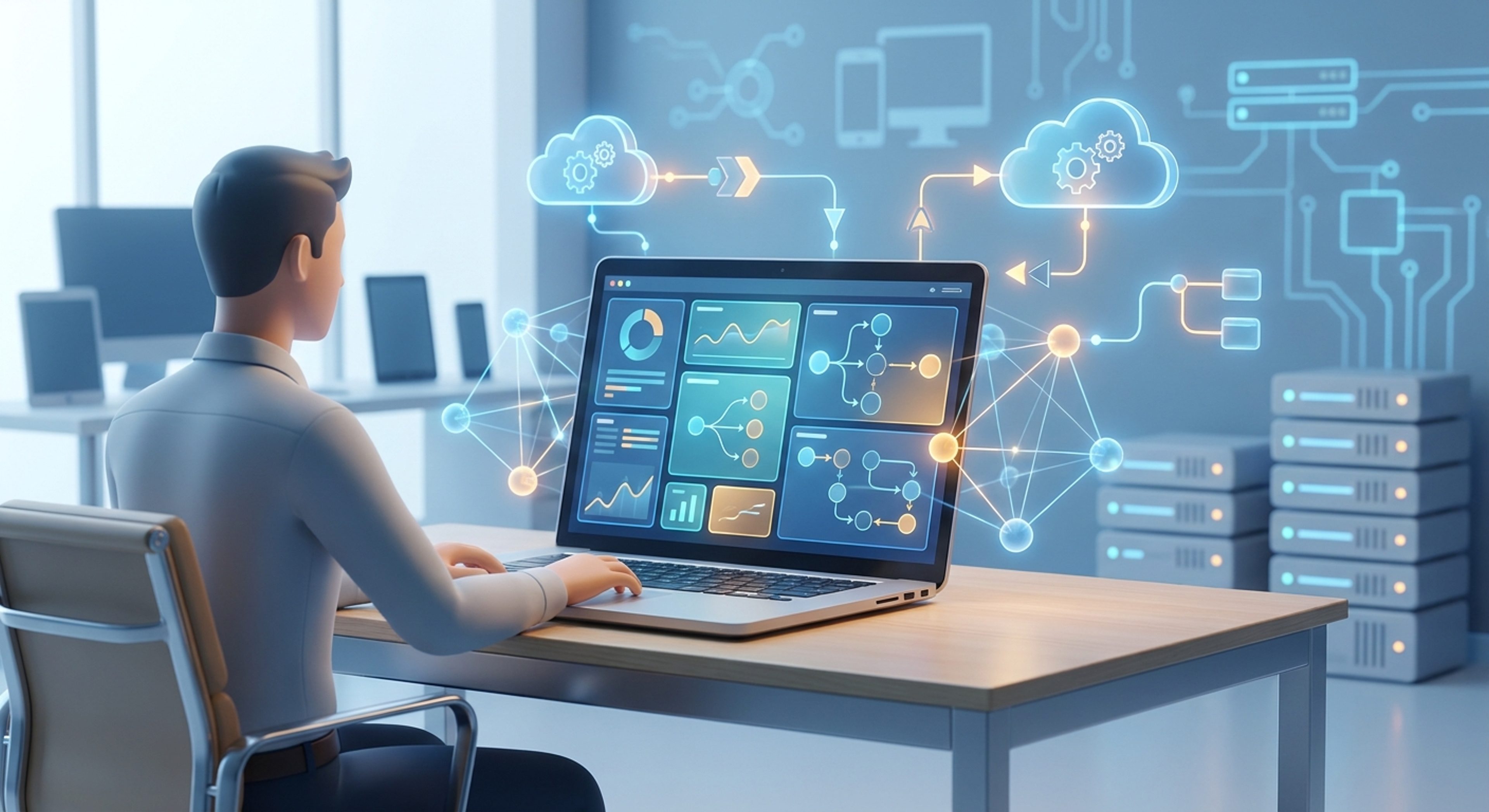 IT administrator configuring AI cloud integration for MPA Tools in a modern enterprise workspace