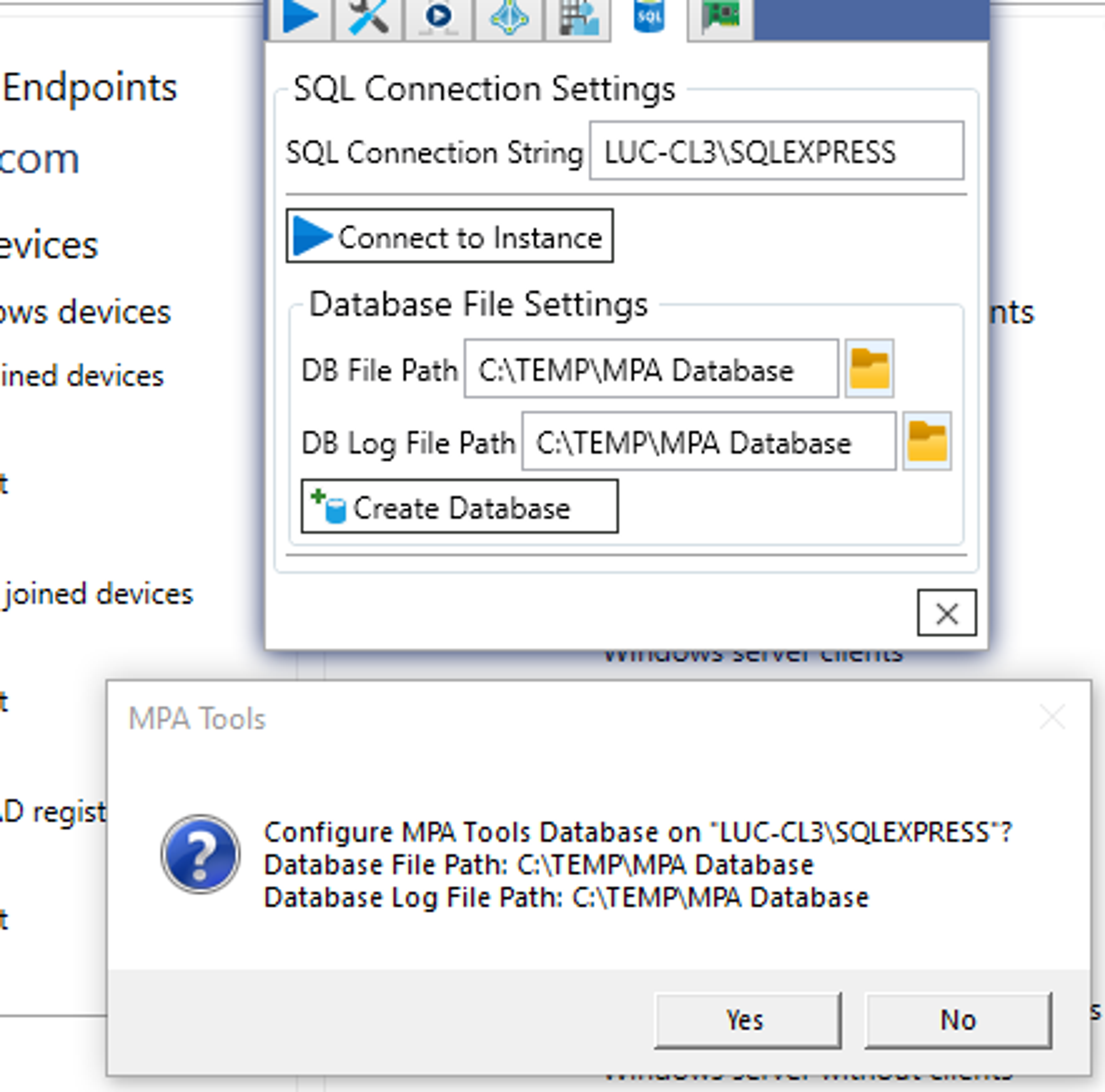 MPA Tools SQL Server Settings Create DB Confirmation