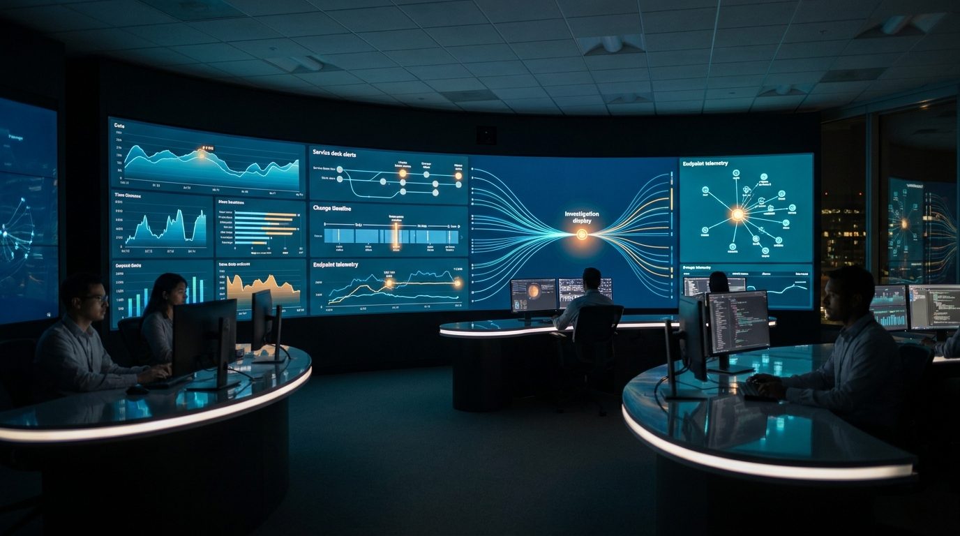 Enterprise IT team analyzing Microsoft environment telemetry and operational signals across multiple systems