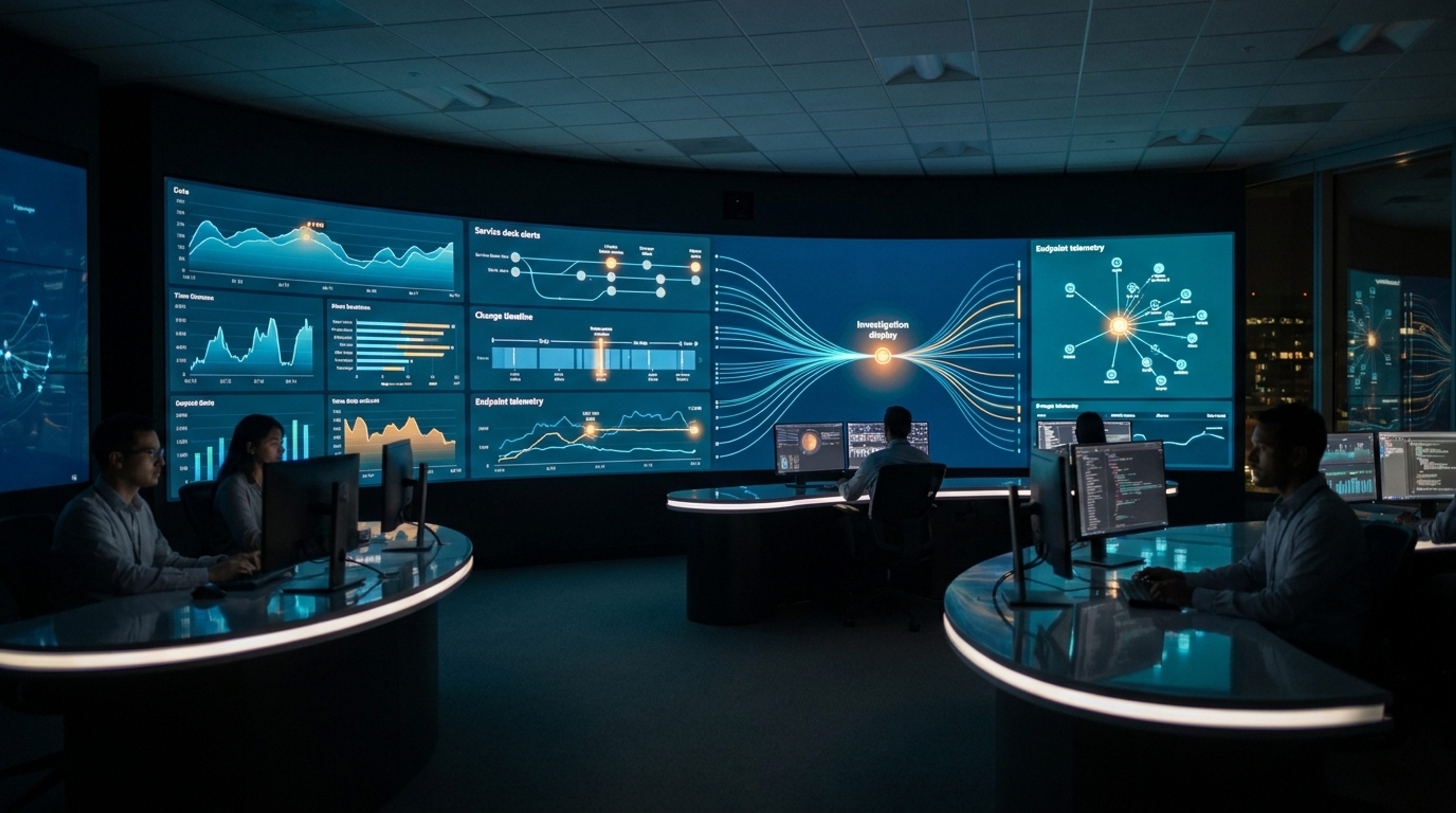 Enterprise IT team analyzing Microsoft environment telemetry and operational signals across multiple systems