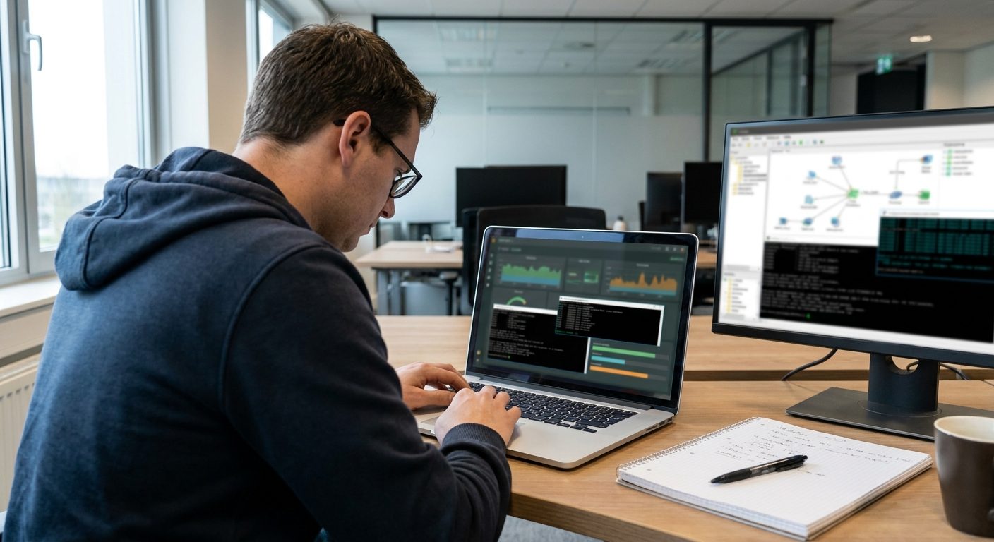 IT administrator reviewing Intune proactive remediation results on a laptop during endpoint troubleshooting