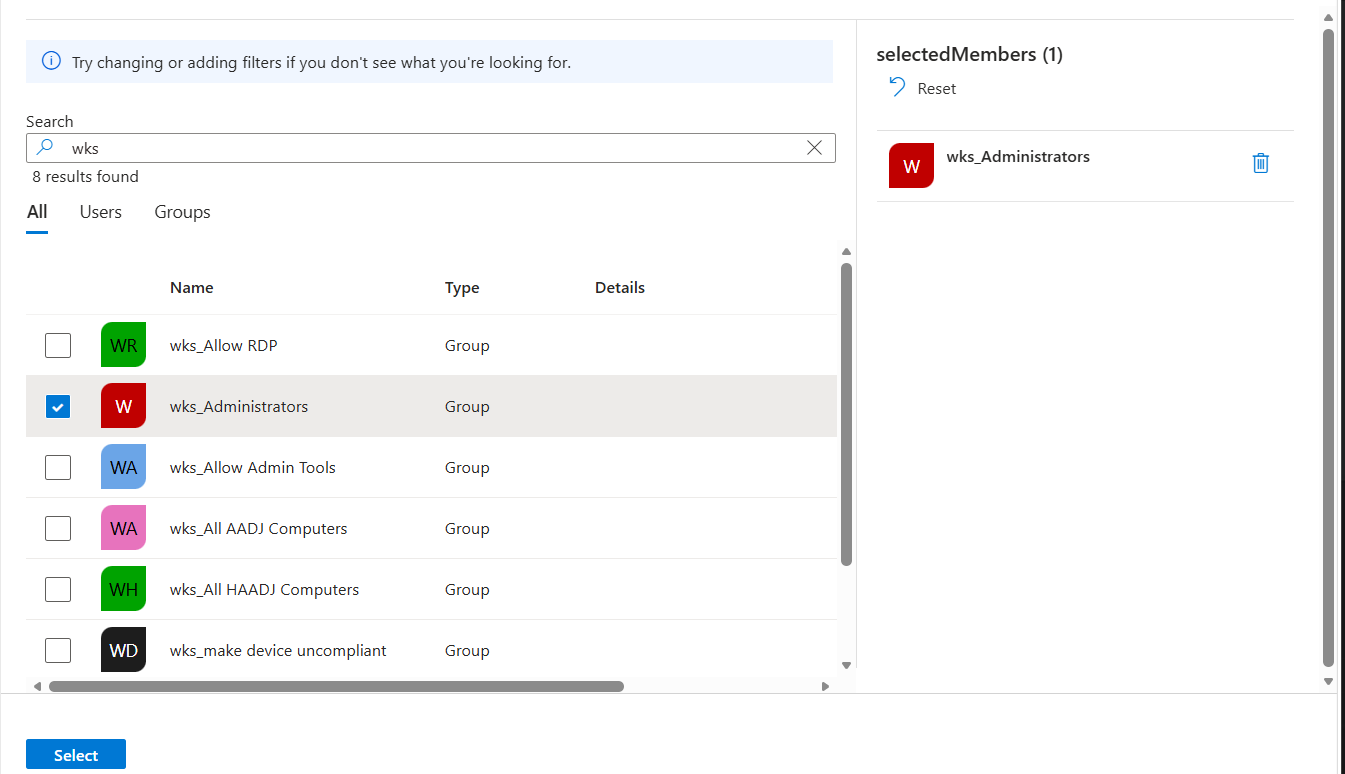 Intune Local user group membership policy group selection