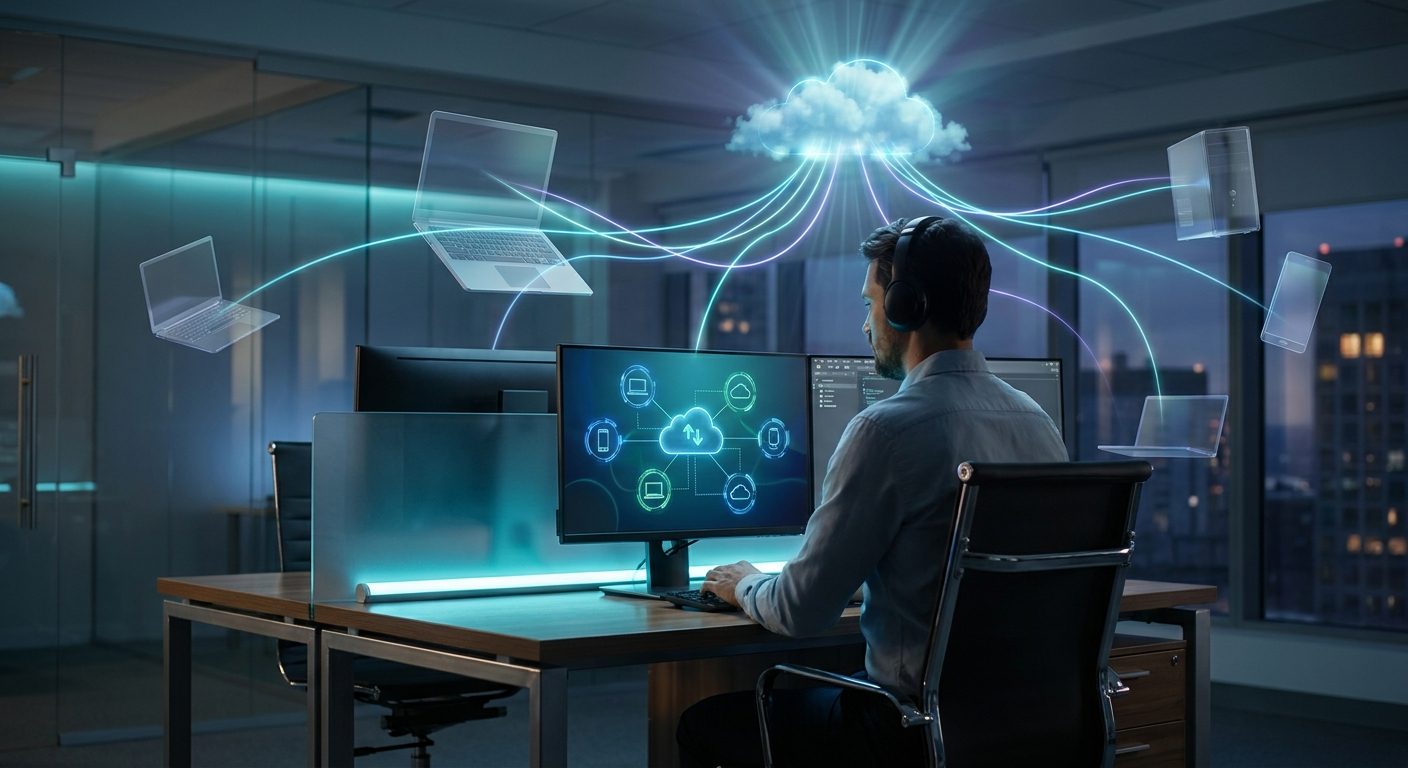 IT administrator remotely managing Entra joined Windows computers through a secure cloud-connected environment