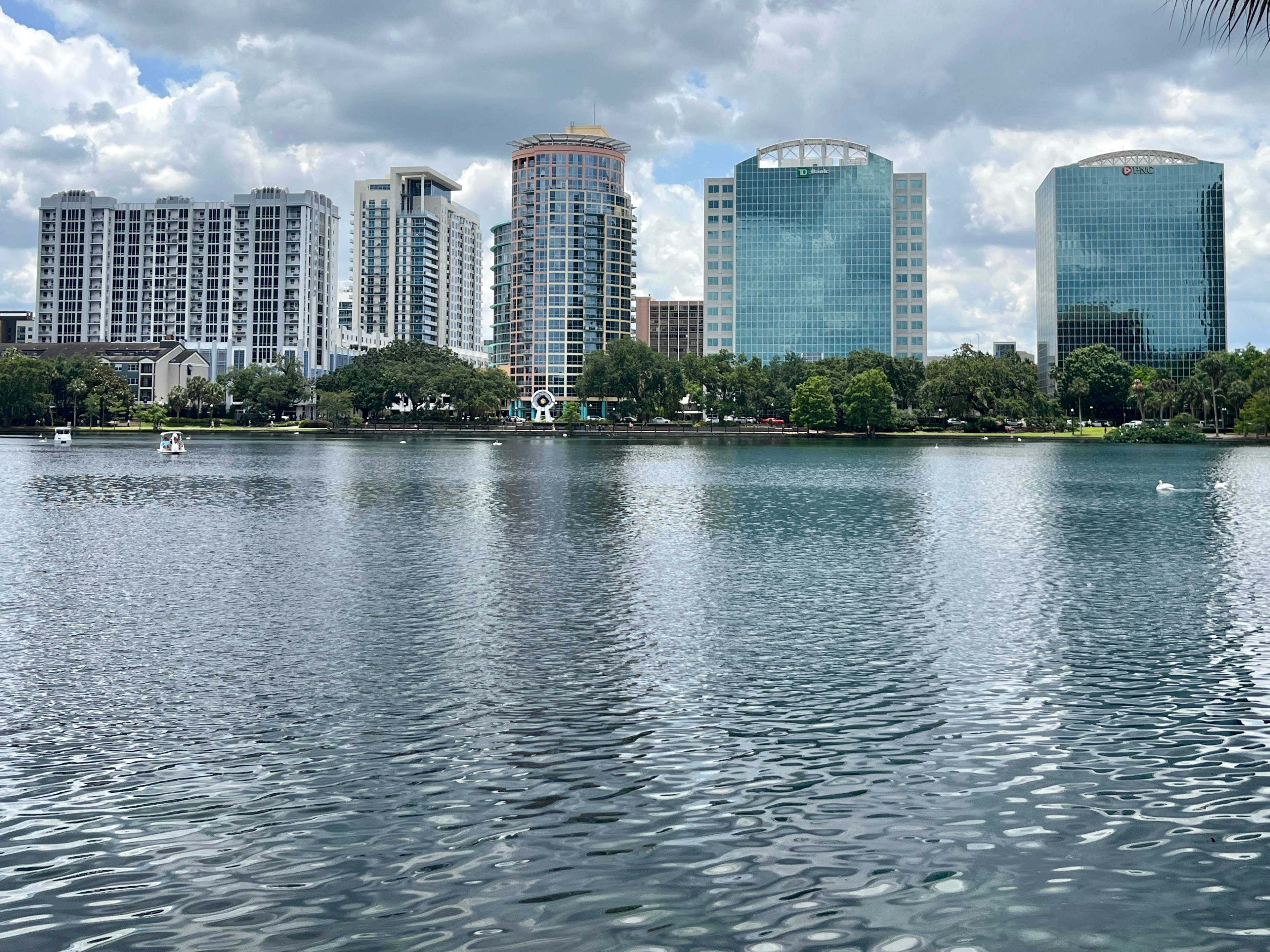 Downtown Orlando high-rises viewed across Lake Eola in Orlando, Florida