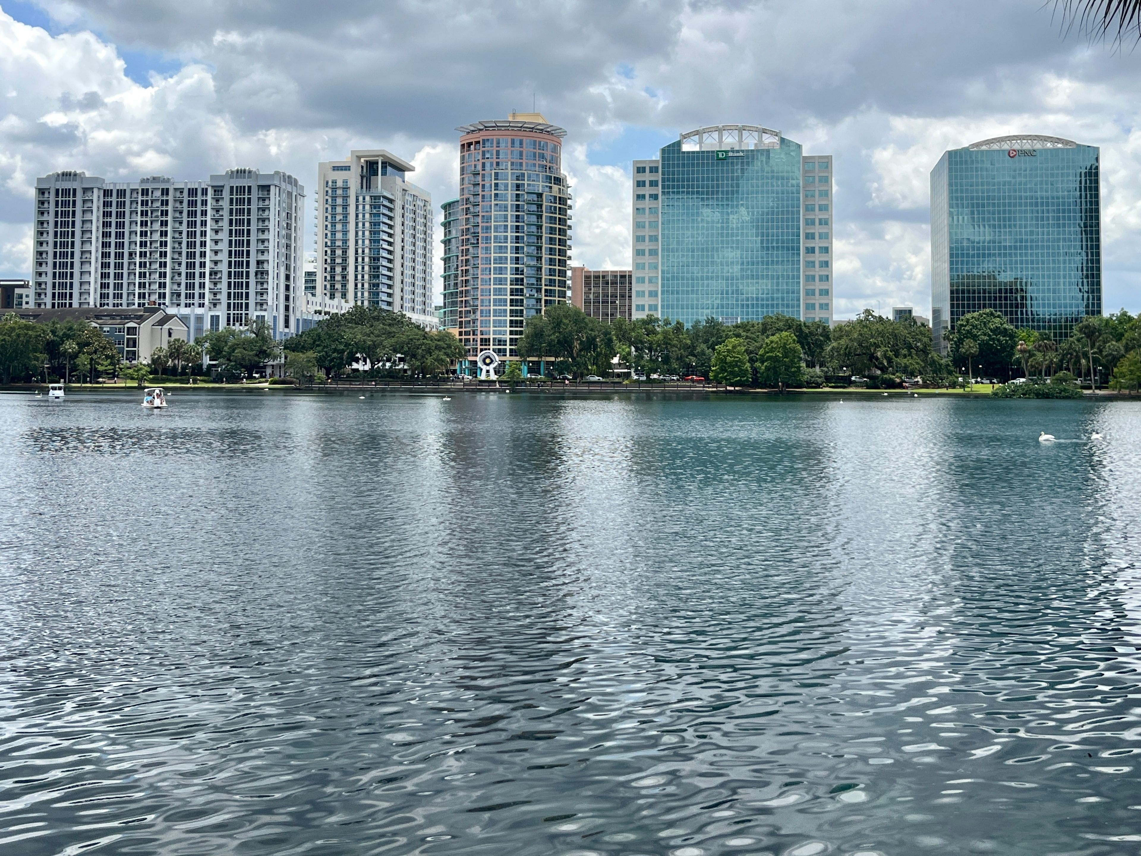 Downtown Orlando high-rises viewed across Lake Eola in Orlando, Florida
