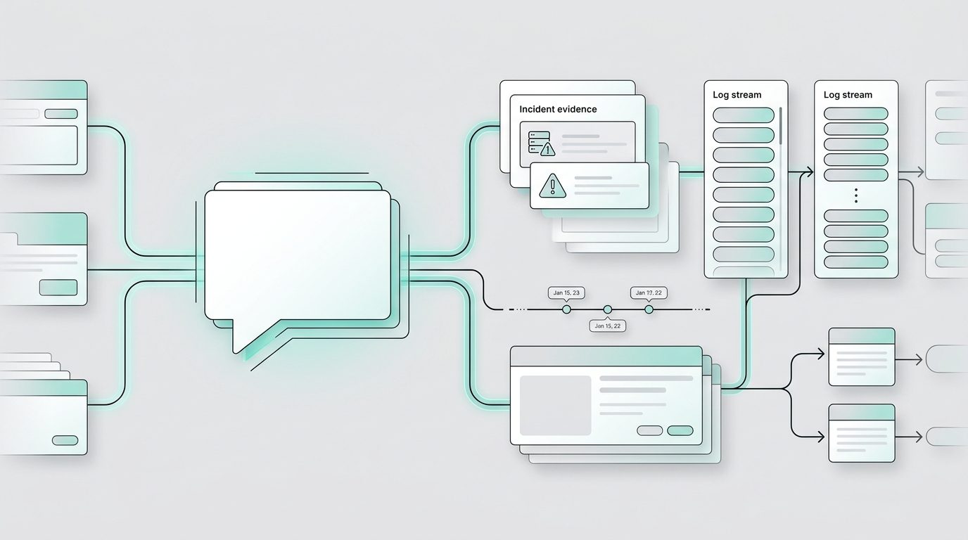 Clean process diagram connecting a natural language incident question to evidence cards, timelines, logs, and decision branches