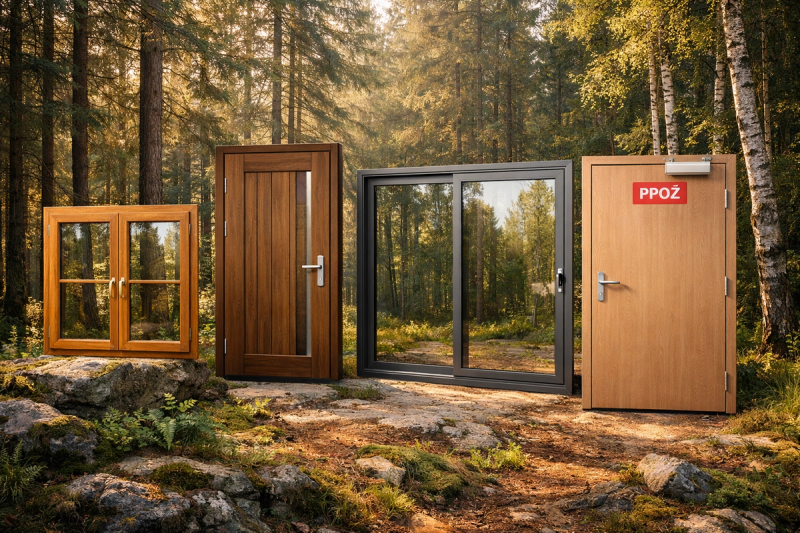 Okna drewniane, drzwi zewnętrzne drewniane, okna przesuwne, drzwi przeciwpożarowe