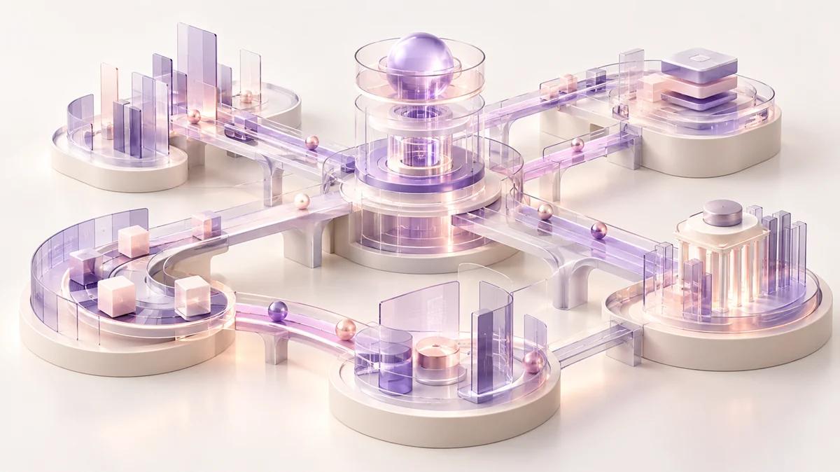 3D illustration of a connected operating model, with glass and pastel platforms linked by pathways around a central hub