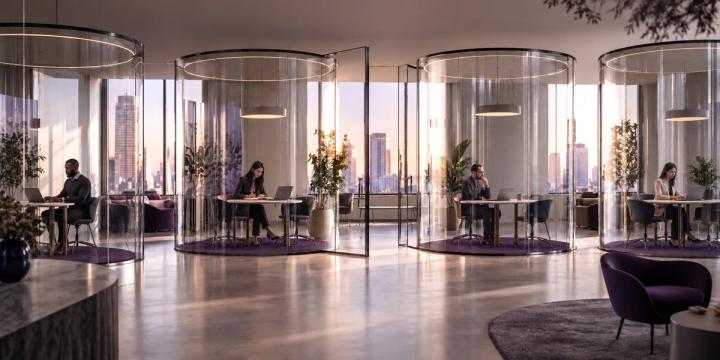 Employees working in separate glass office pods representing organisational silos