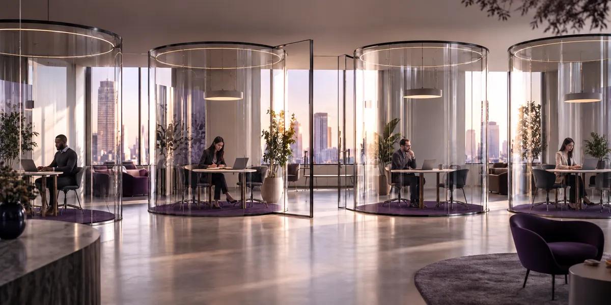 Employees working in separate glass office pods representing organisational silos