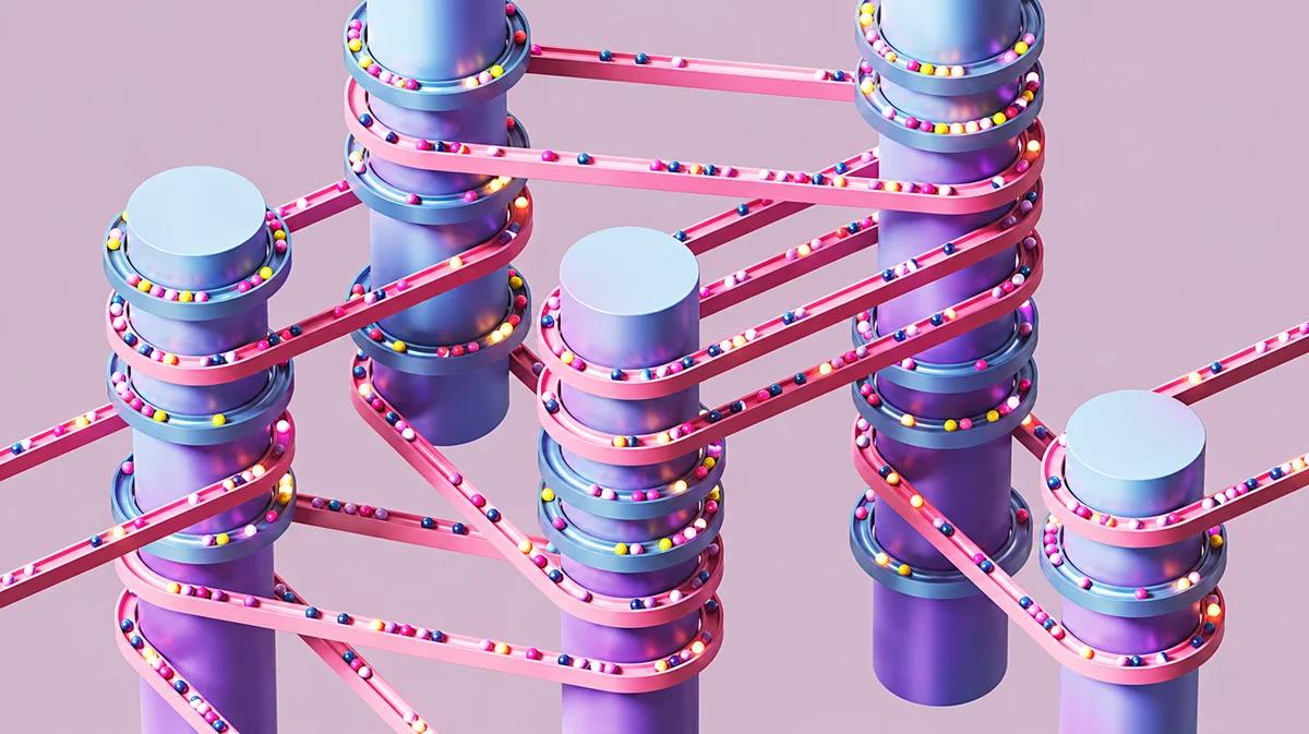 Abstract illustration of colourful beads moving along interconnected pink tracks around blue and purple cylinders