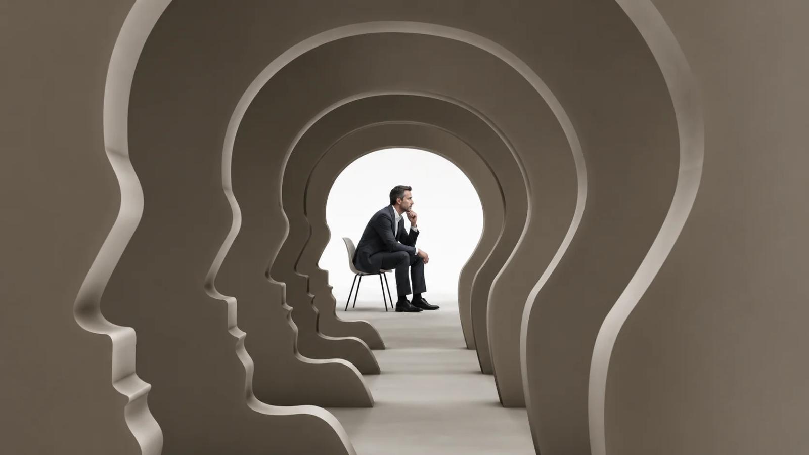 Businessman sitting in a tunnel of head-shaped arches, symbolizing self-reflection through psychometric assessment and 360-degree feedback