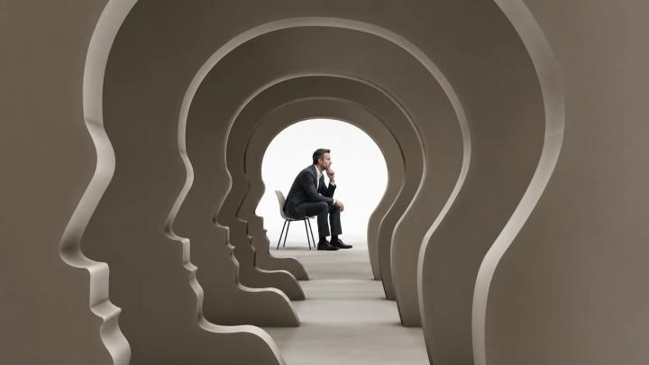 Businessman sitting in a tunnel of head-shaped arches, symbolizing self-reflection through psychometric assessment and 360-degree feedback