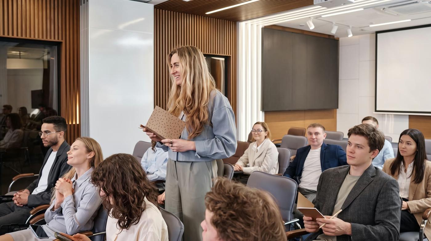 A leader speaking to a seated audience in a training room