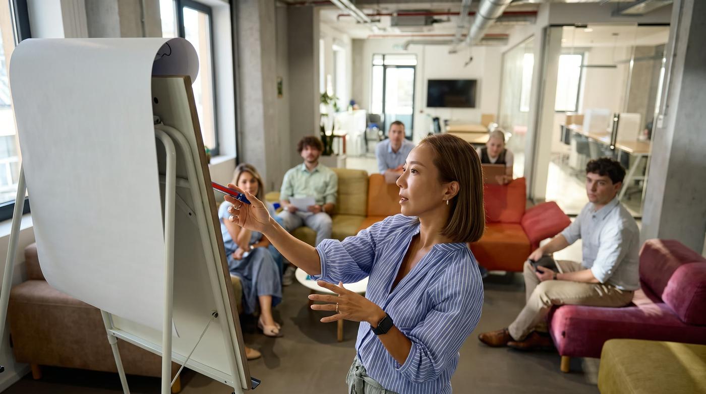 A facilitator working at a flipchart with a group seated around her
