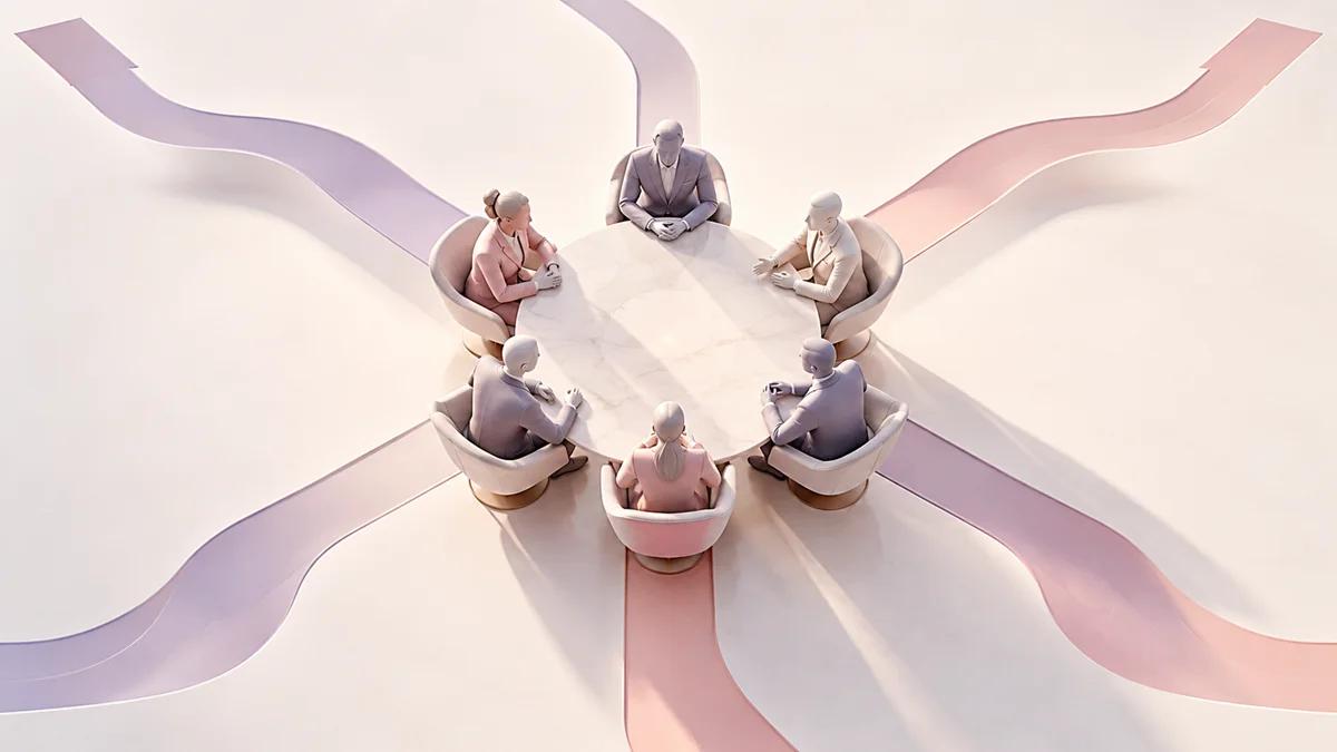 Six executives seated around a round table, with pathways leading away from it in different directions