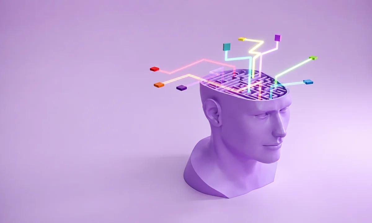 3D illustration of a human head with an open maze-like brain and colorful neural pathways, representing psychometric assessment and cognitive evaluation