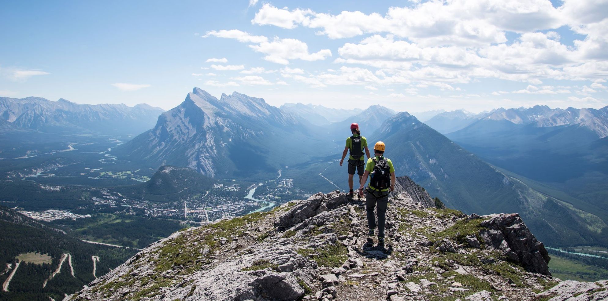 Taking the Via-Ferrata Tour to the summit of Mt. Rundle, Banff National Park, AB