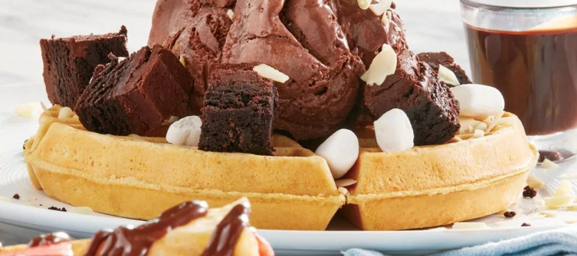 a dessert waffle piled high with chocolate ice cream, brownies, and marshmallows.