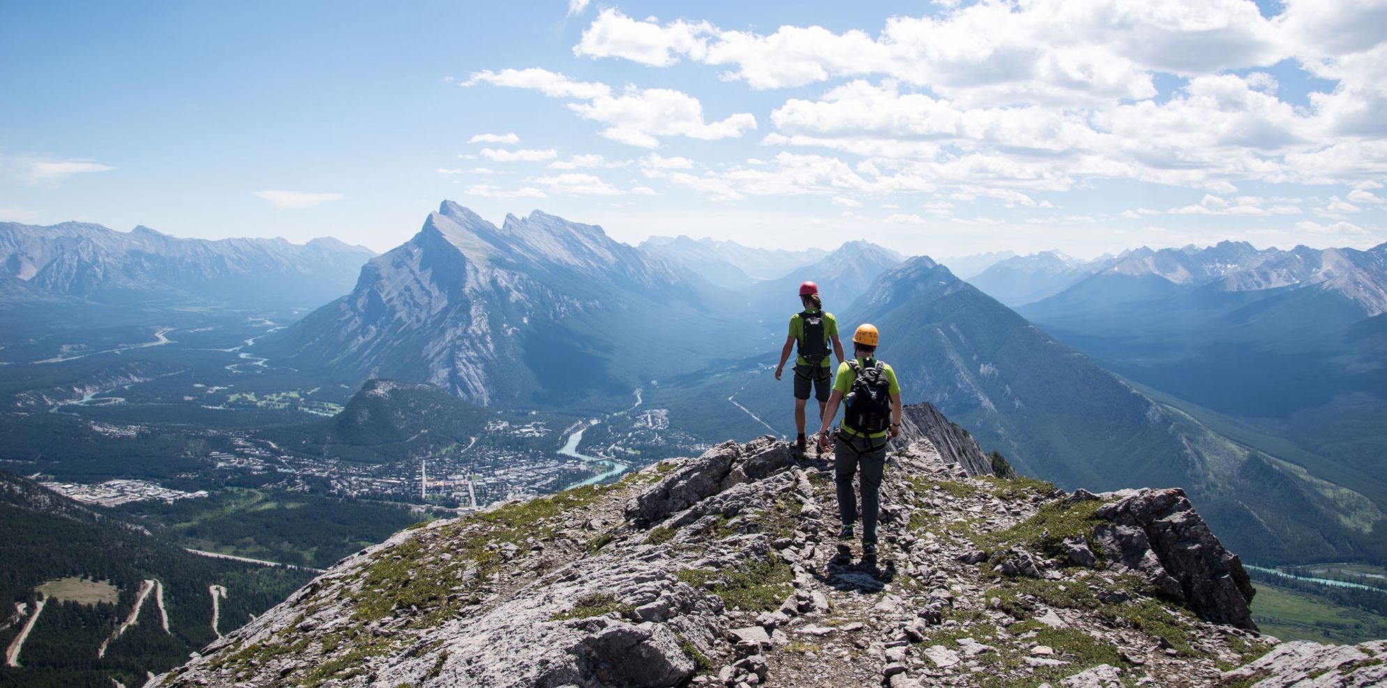 Climbers reach the summit of the Mt. Norquay Via Ferrata, Banff National Park, AB