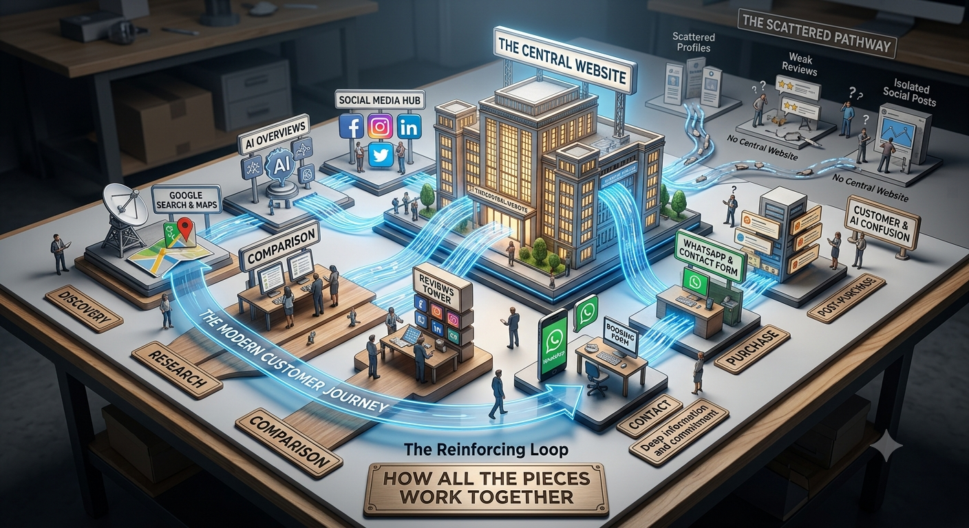 Without a central website, your scattered profiles, reviews and social posts pull against each other — leaving customers and AI unsure who you really are