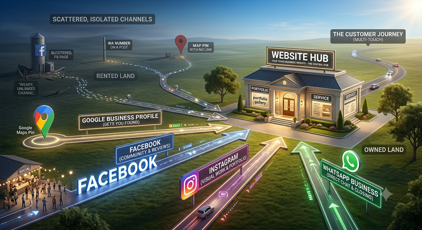 A Facebook page here, a WhatsApp number there, a Google pin somewhere else — scattered channels leave serious customers with nowhere solid to land.