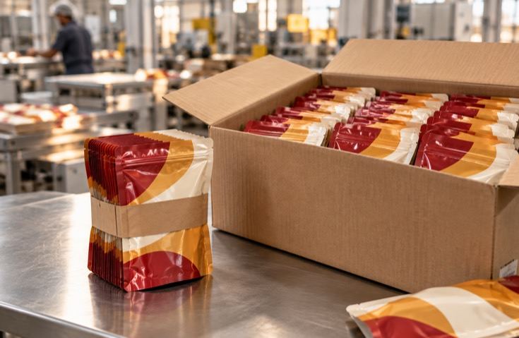 A small stack of pouches beside a full carton